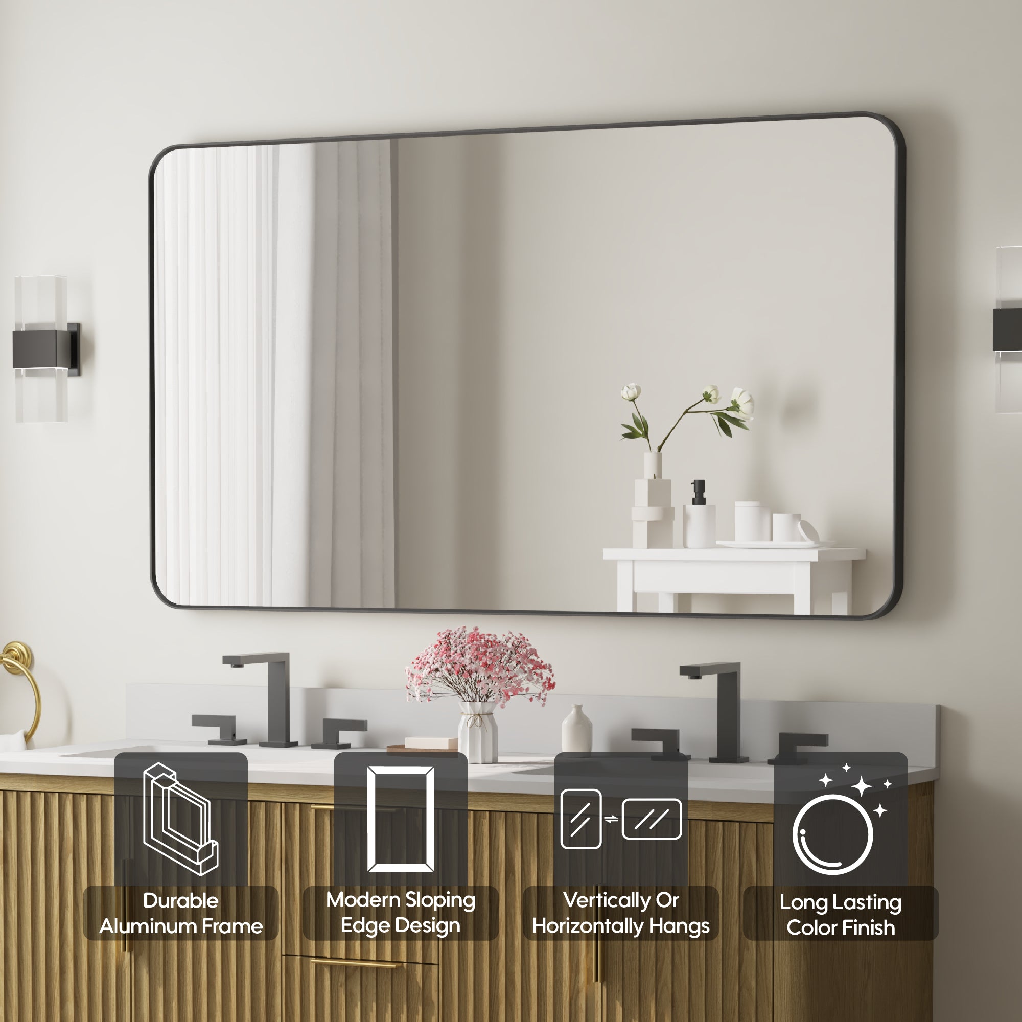 55-in W x 32-in H Black Rectangular Framed Bathroom Vanity Mirror