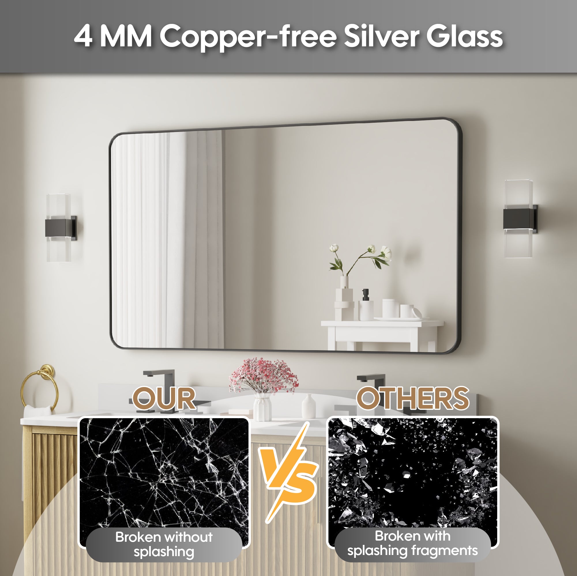 55-in W x 32-in H Black Rectangular Framed Bathroom Vanity Mirror