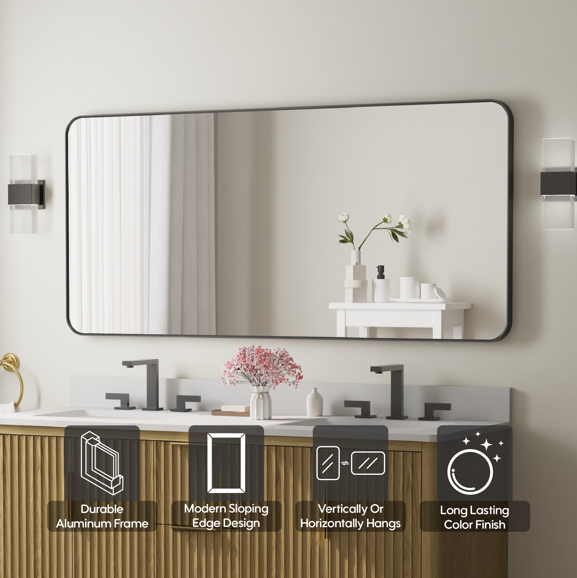 60-in W x 28-in H Black Rectangular Framed Bathroom Vanity Mirror