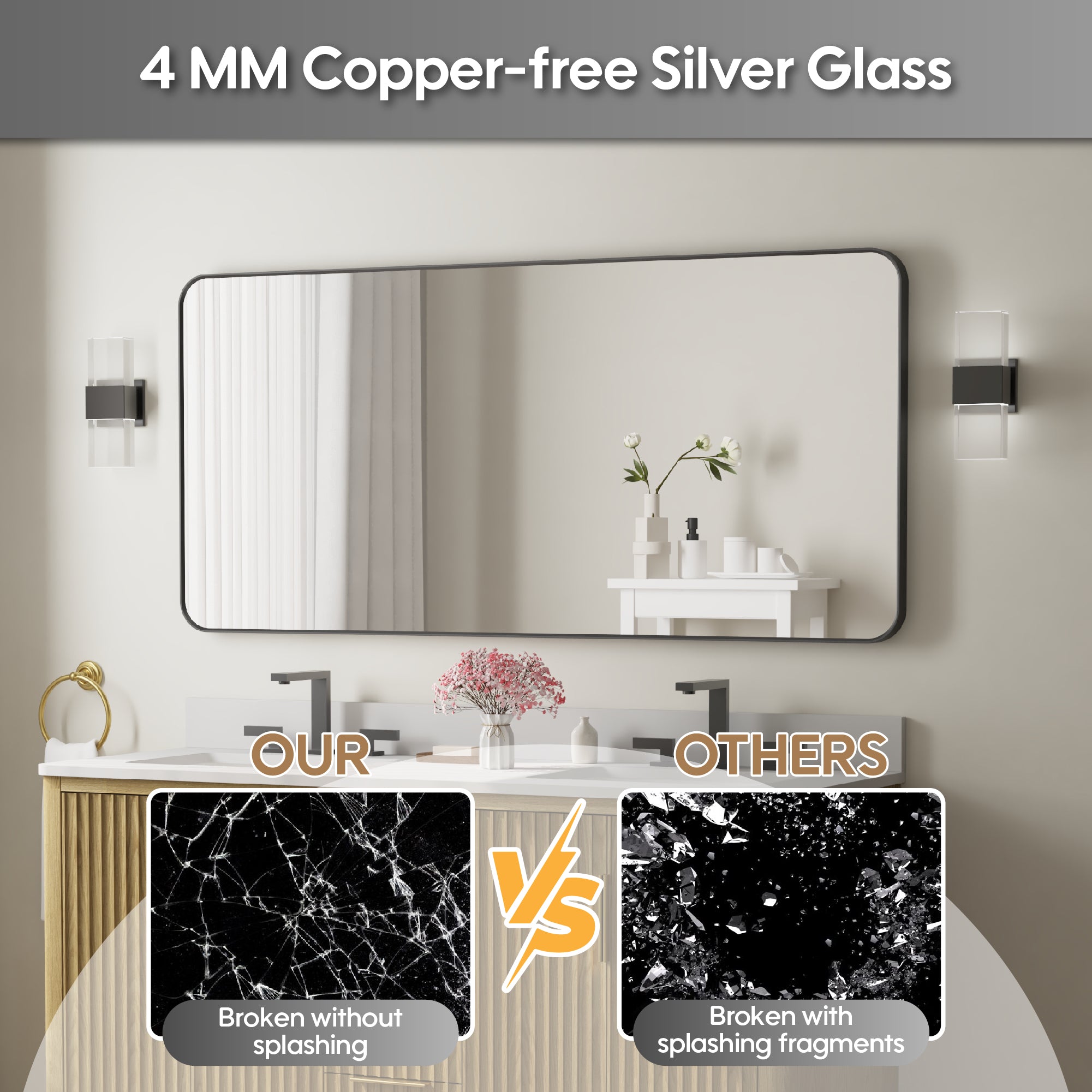 60-in W x 28-in H Black Rectangular Framed Bathroom Vanity Mirror