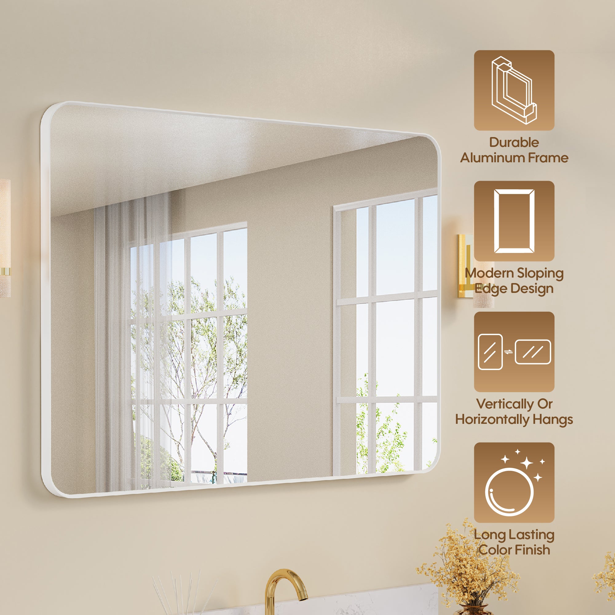 48-in W x 36-in H White Rectangular Framed Bathroom Vanity Mirror