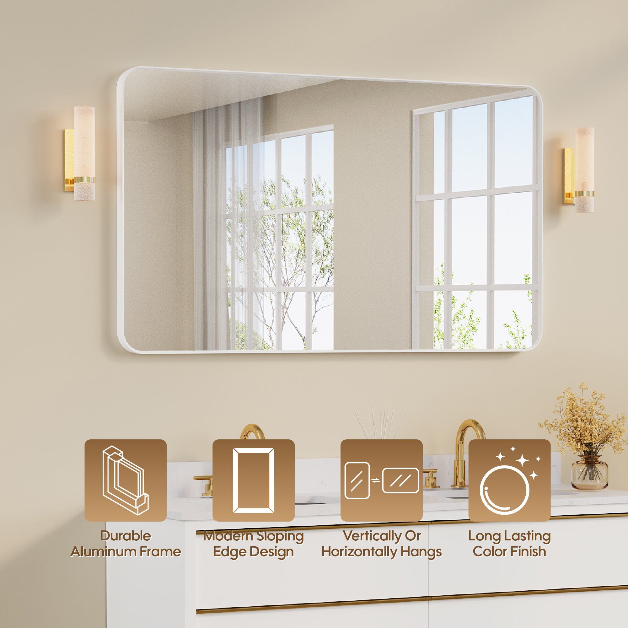 55-in W x 32-in H White Rectangular Framed Bathroom Vanity Mirror