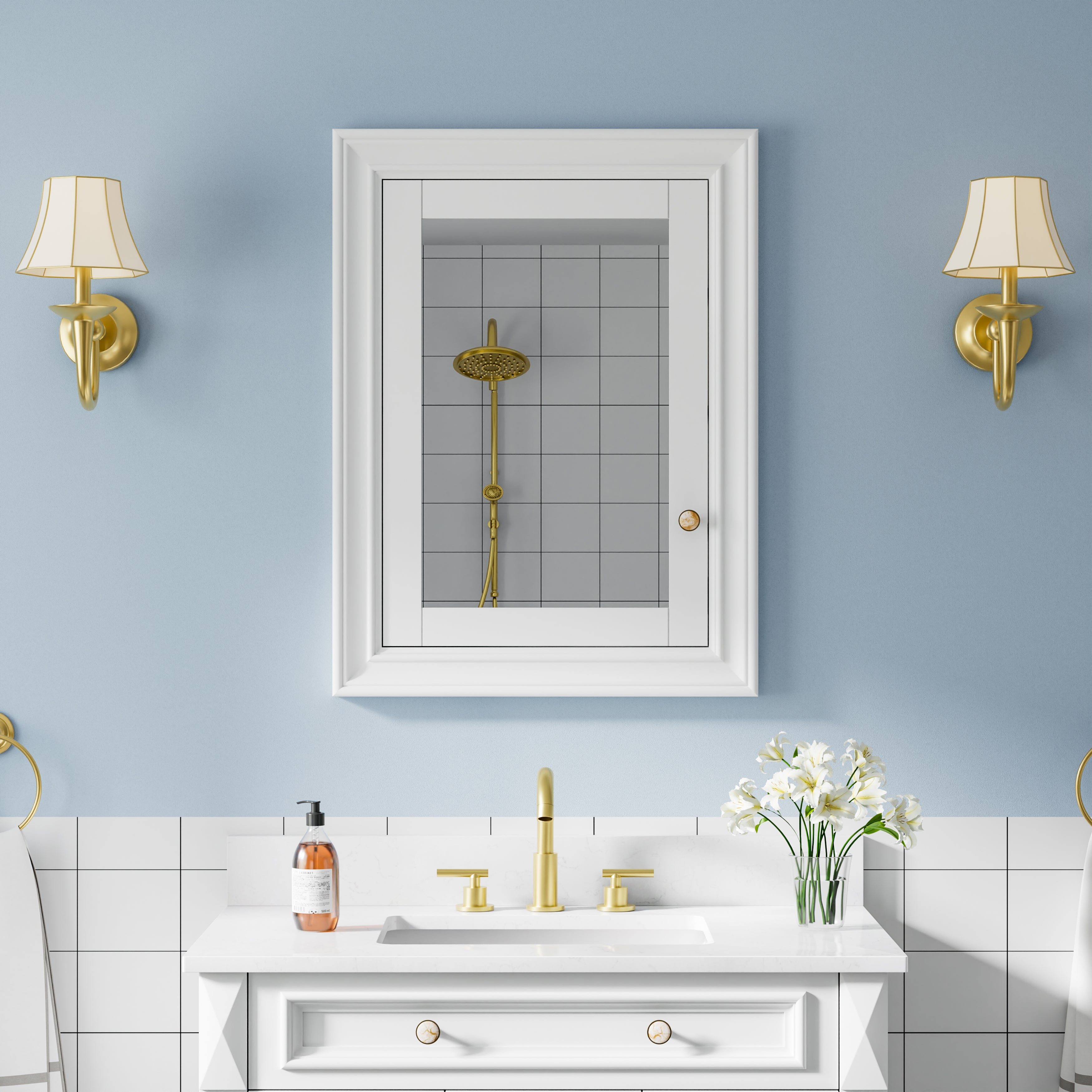 24 in.W x 32 in.H Wooden Recessed Bathroom Medicine Cabinet with Mirror in White