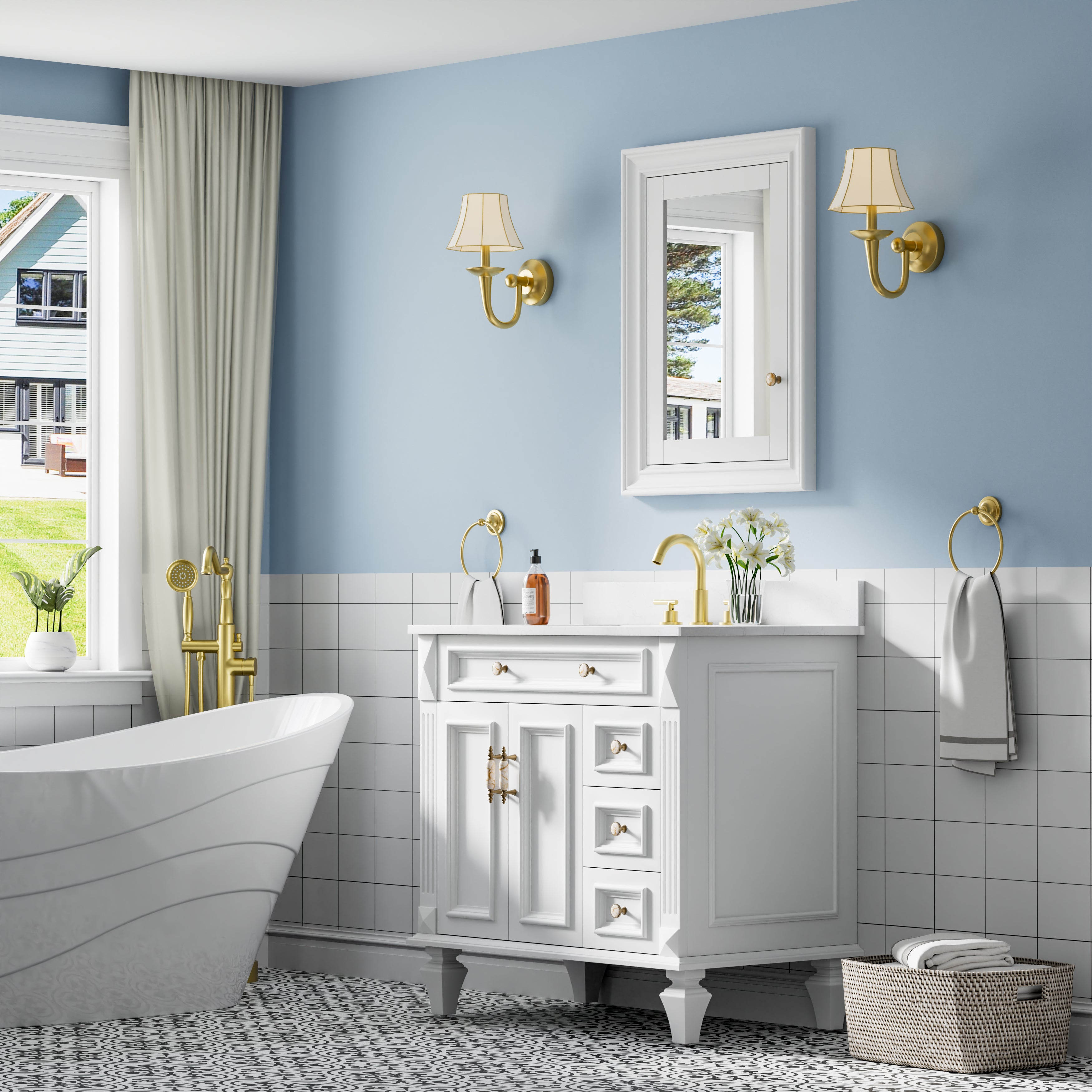 24 in.W x 32 in.H Wooden Recessed Bathroom Medicine Cabinet with Mirror in White