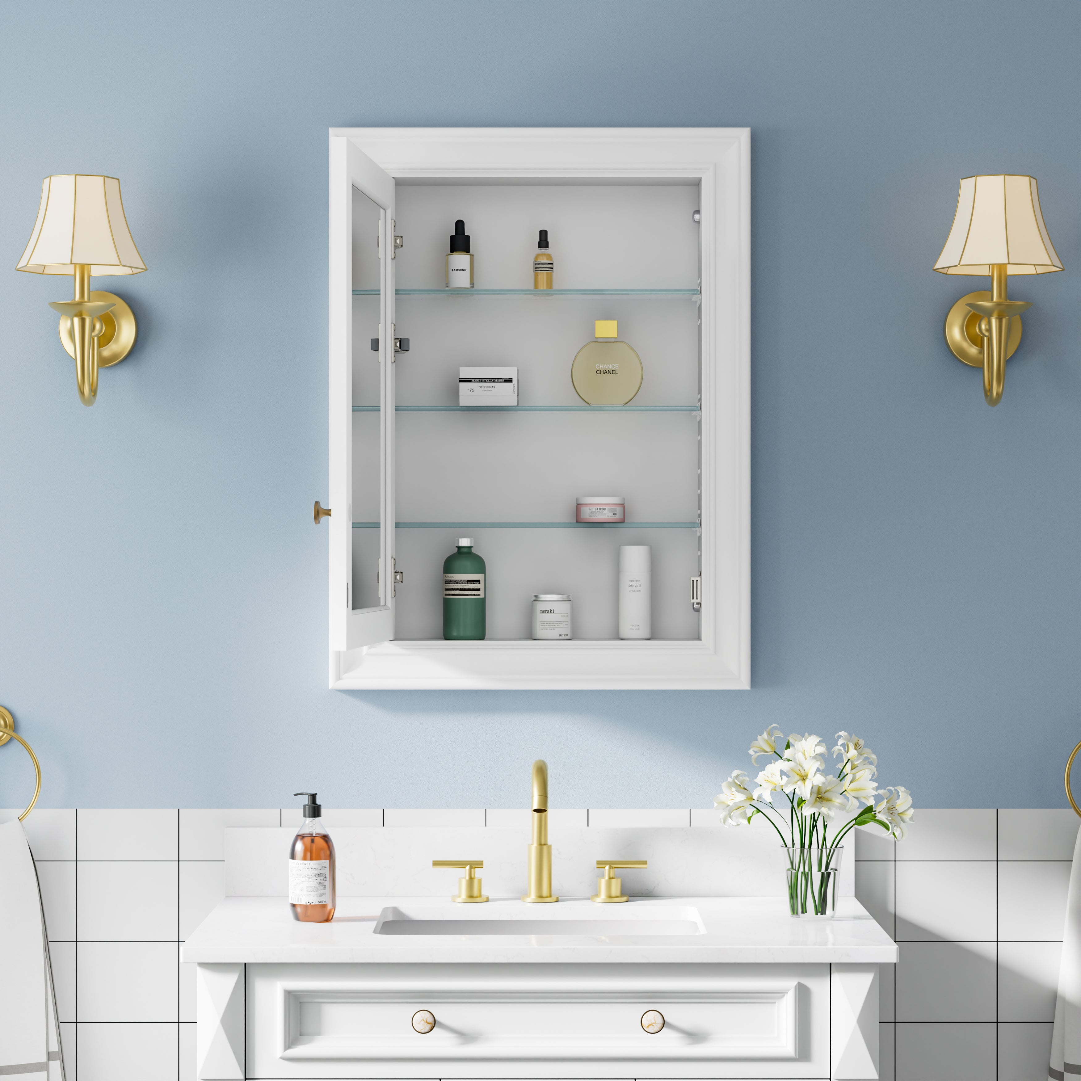 24 in.W x 32 in.H Wooden Recessed Bathroom Medicine Cabinet with Mirror in White