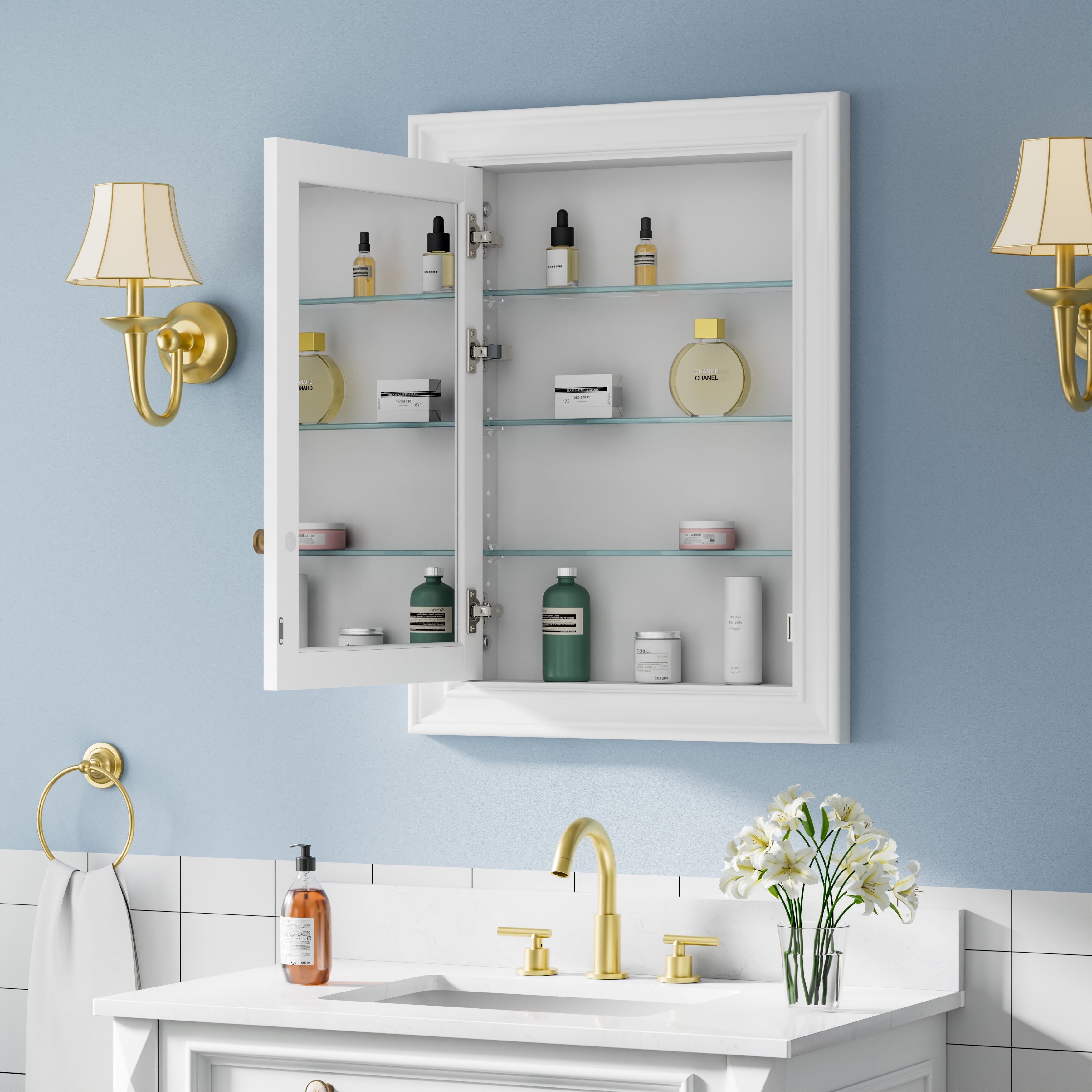 24 in.W x 32 in.H Wooden Recessed Bathroom Medicine Cabinet with Mirror in White