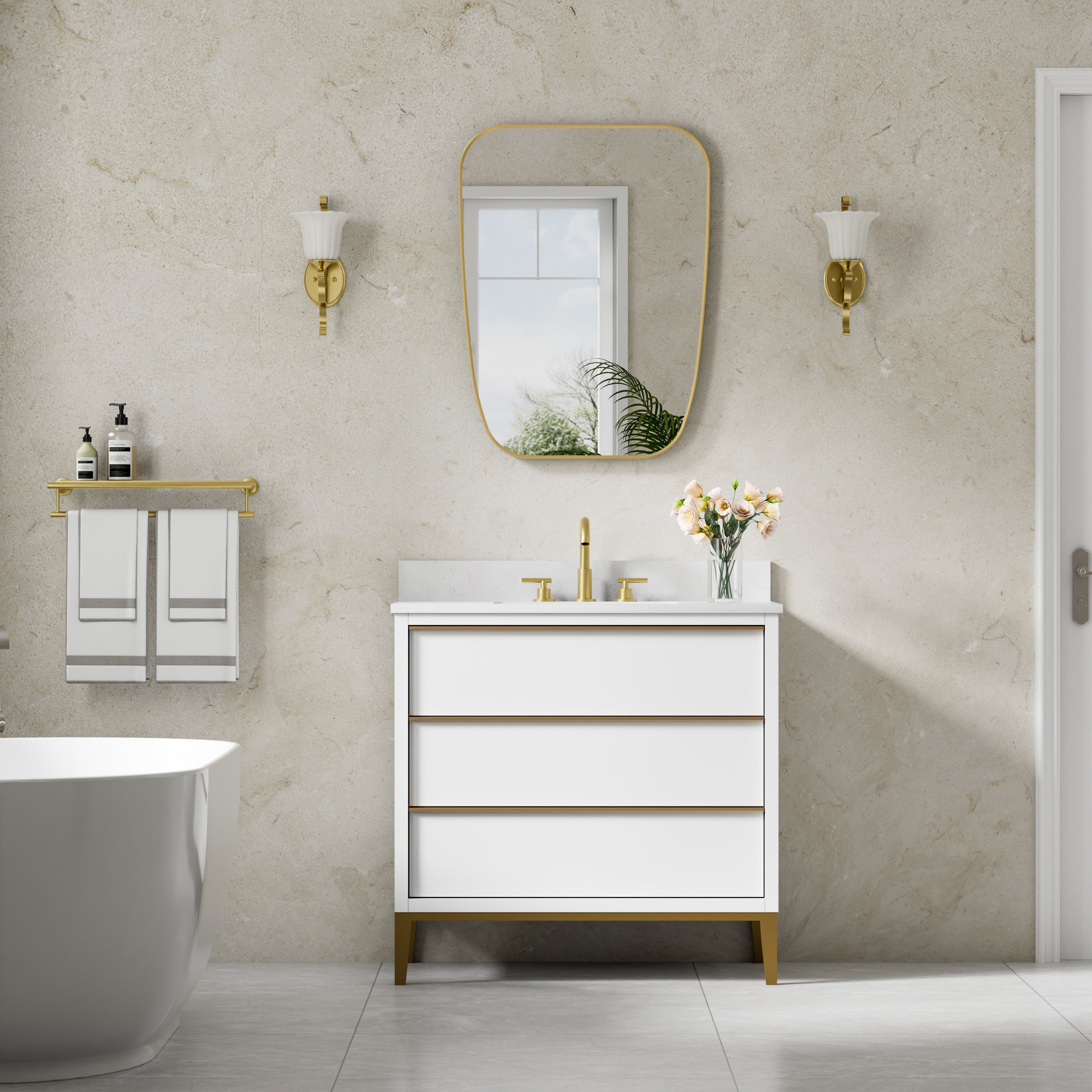 24 in. W x 32 in. H Shield Bathroom Vanity Wall Mirror without Lights Brushed Gold