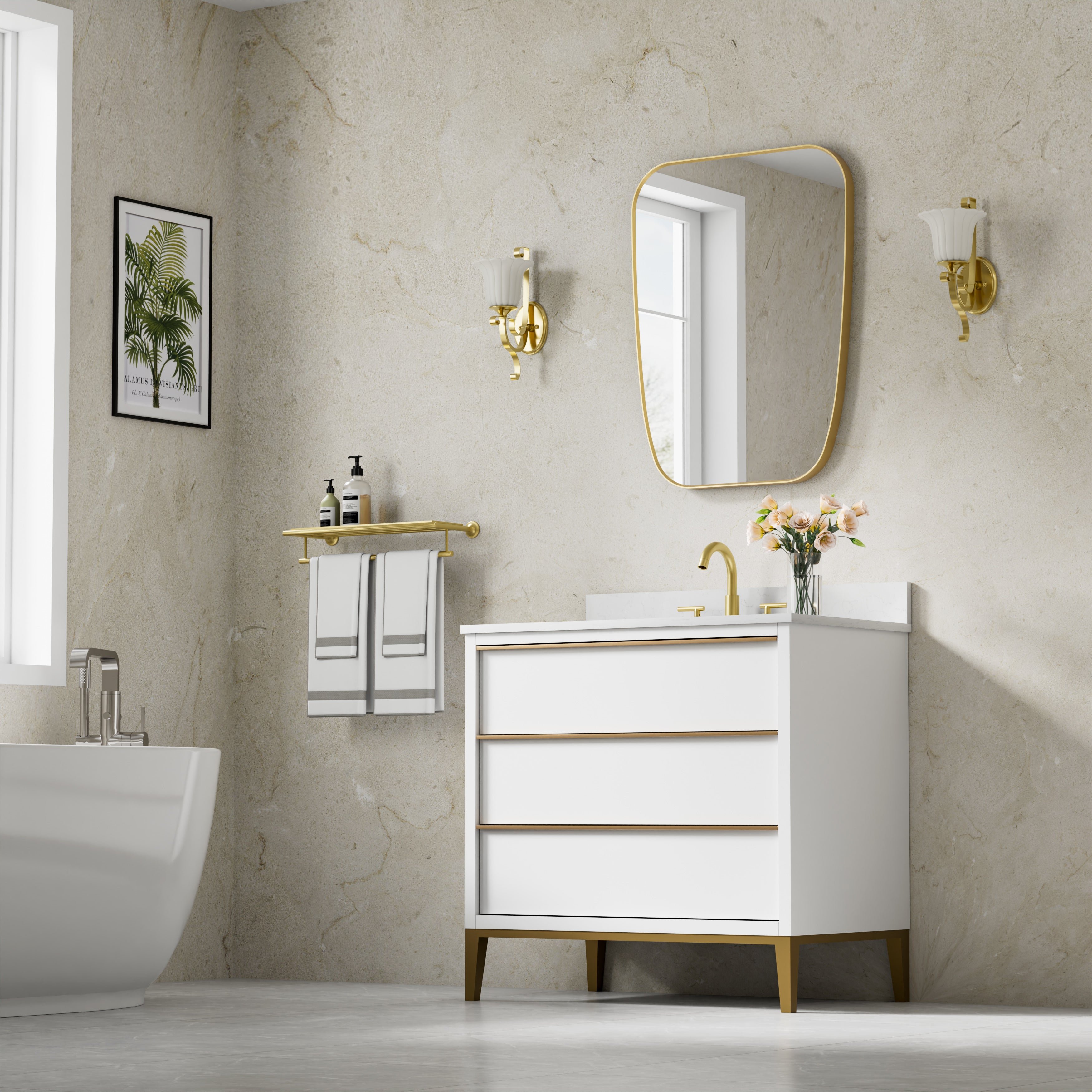 24 in. W x 32 in. H Shield Bathroom Vanity Wall Mirror without Lights Brushed Gold