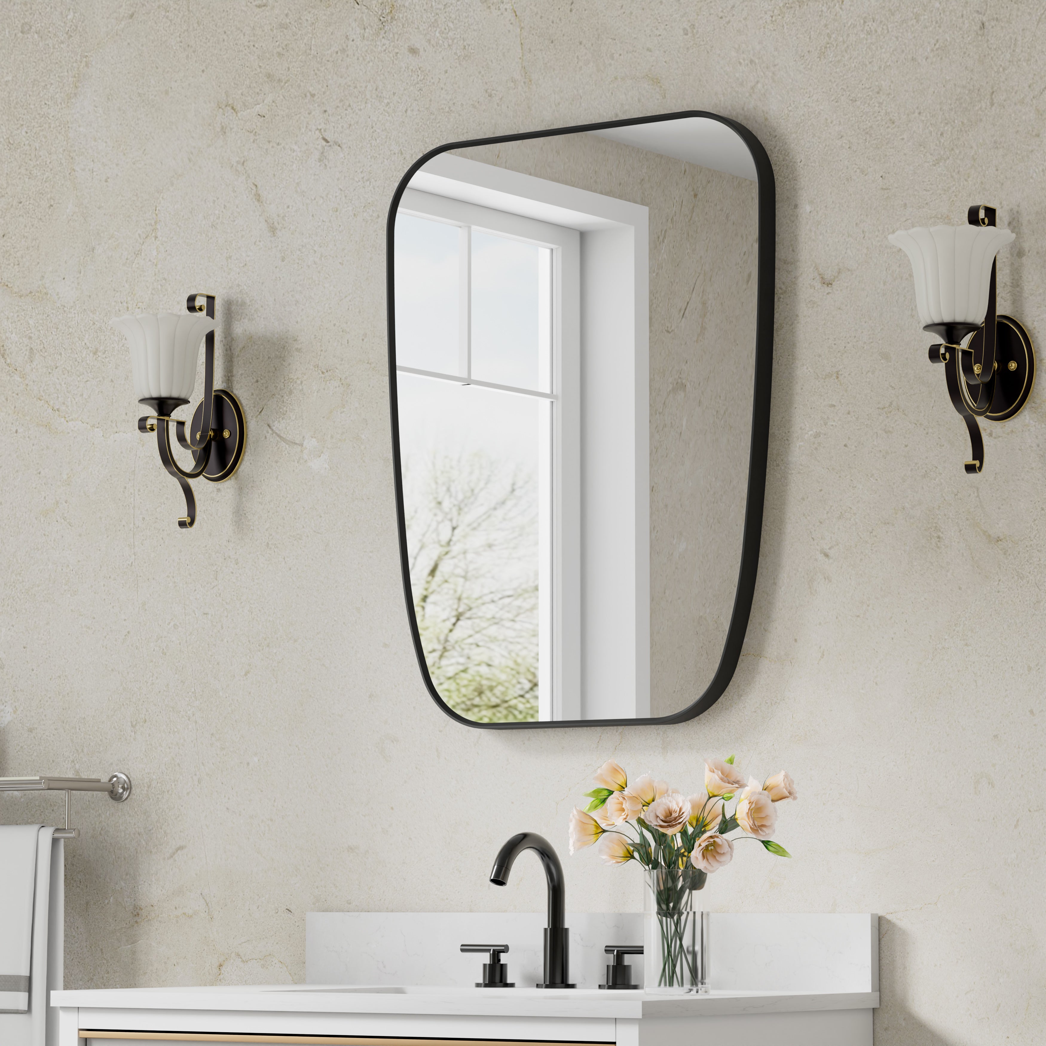 24 in. W x 32 in. H Shield Bathroom Vanity Wall Mirror without Lights Matte Black