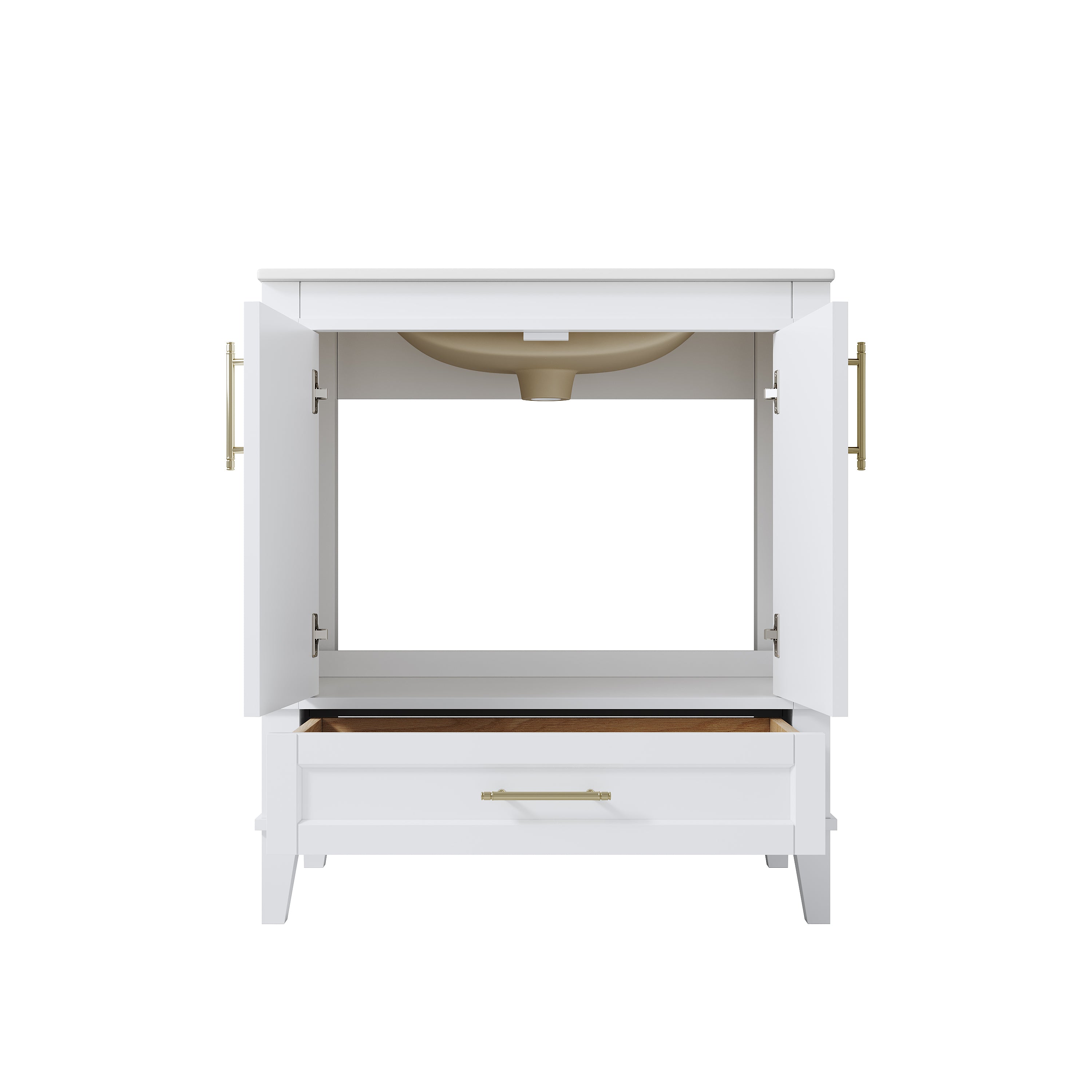 30 Inch Solid Wood Bathroom Vanity with cUPC Ceramic Sink, Brushed Gold Alloy Handles and Soft-Close Hinges