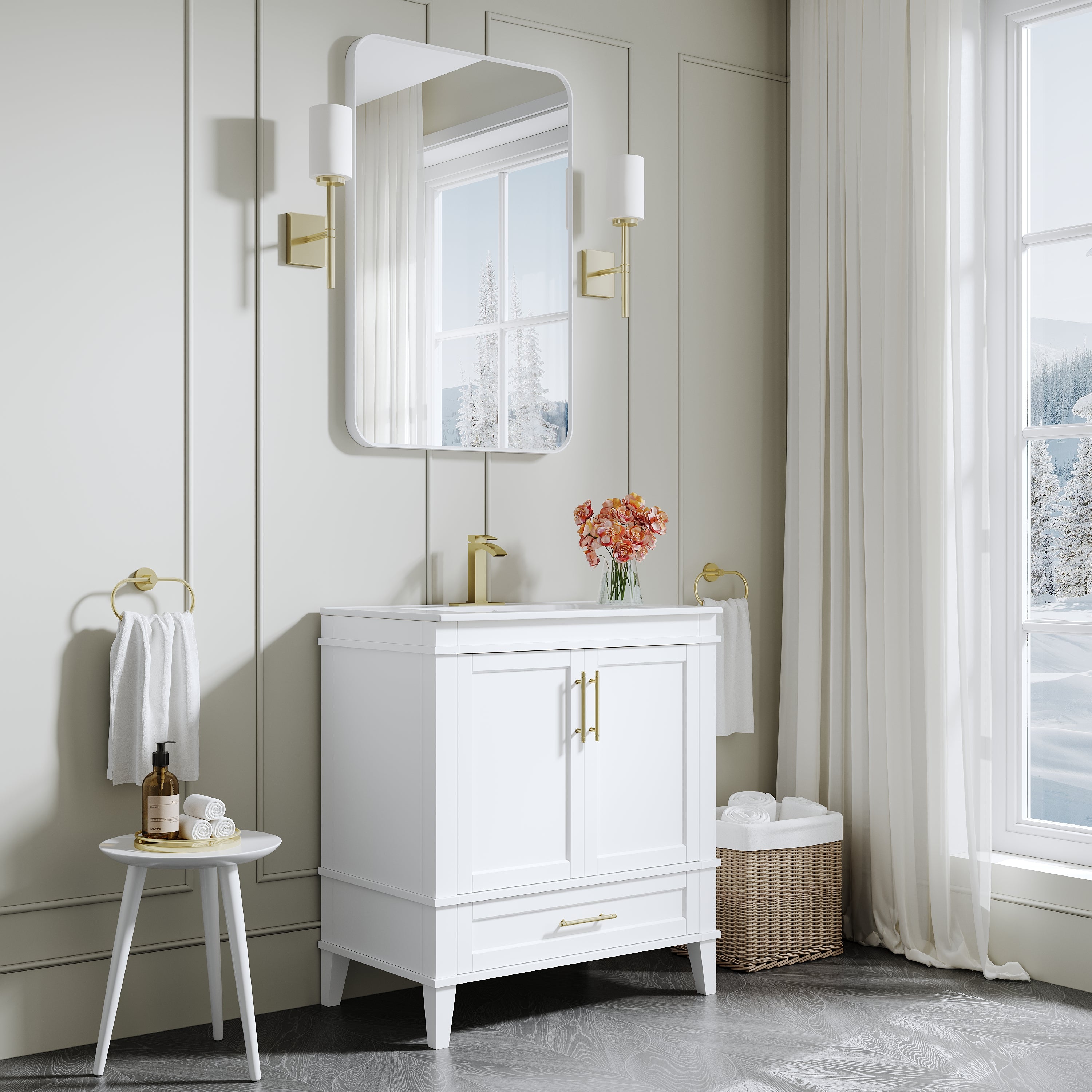 30 Inch Solid Wood Bathroom Vanity with cUPC Ceramic Sink, Brushed Gold Alloy Handles and Soft-Close Hinges