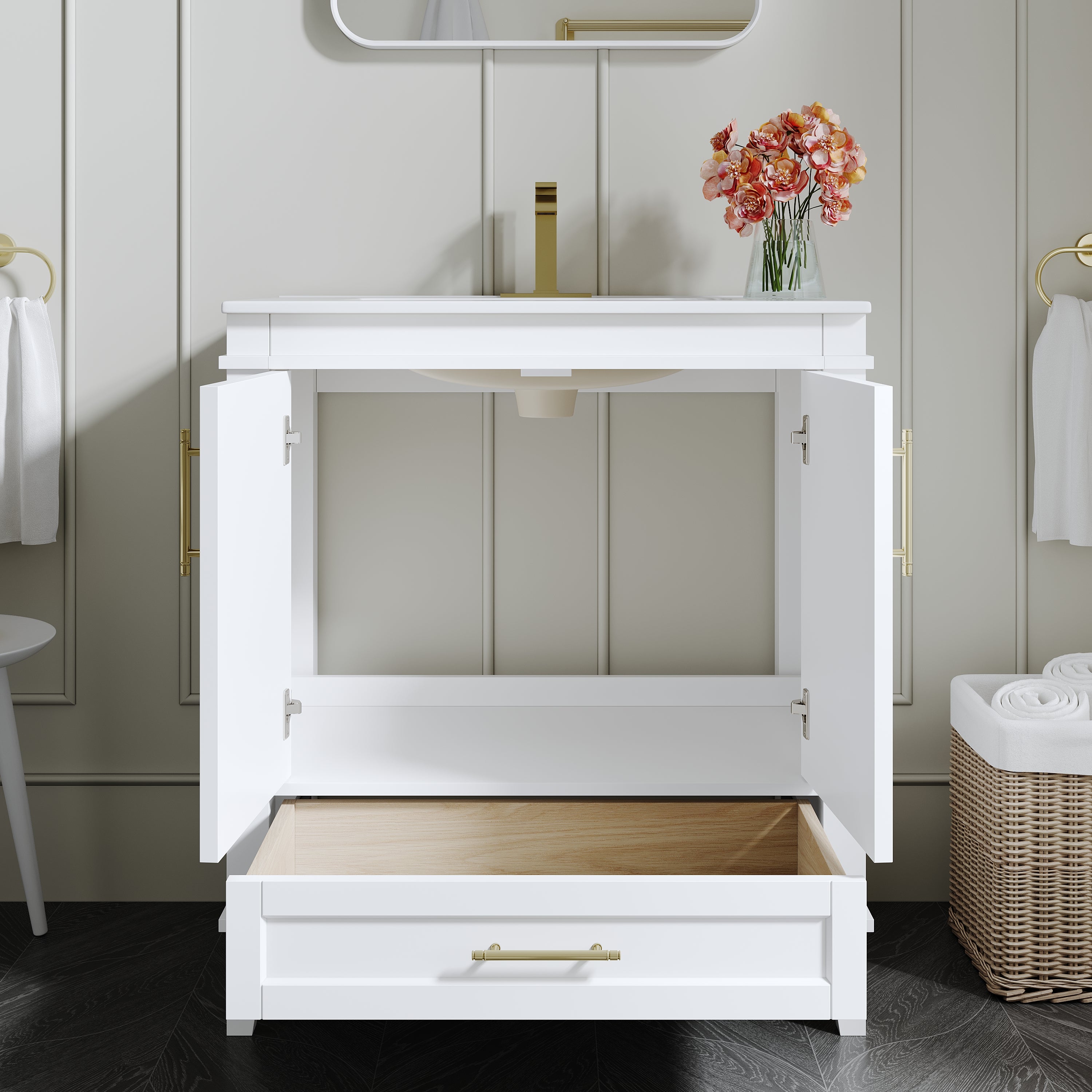 30 Inch Solid Wood Bathroom Vanity with cUPC Ceramic Sink, Brushed Gold Alloy Handles and Soft-Close Hinges