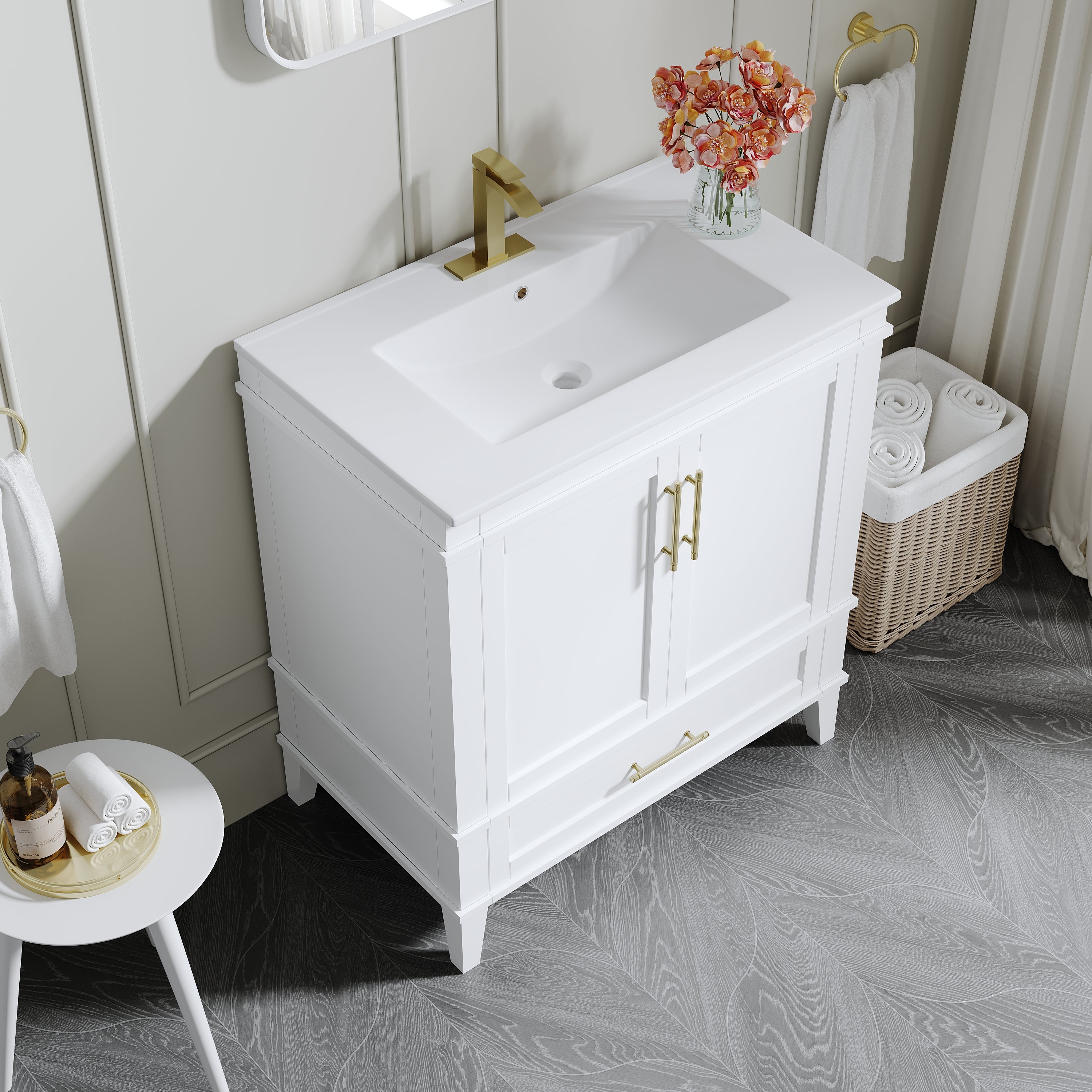 30 Inch Solid Wood Bathroom Vanity with cUPC Ceramic Sink, Brushed Gold Alloy Handles and Soft-Close Hinges
