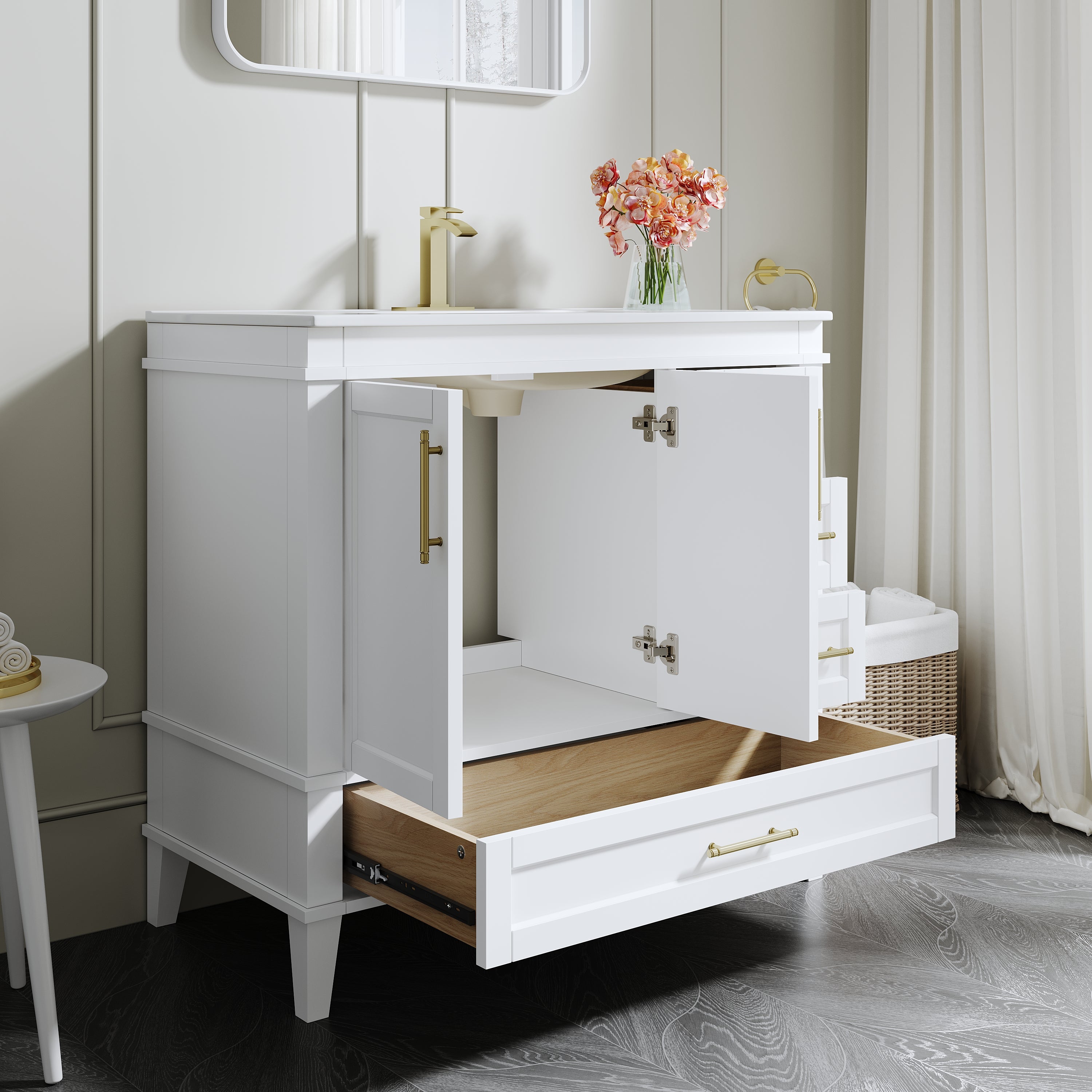 36 Inch Solid Wood Bathroom Vanity with cUPC Ceramic Sink, Brushed Gold Alloy Handles and Soft-Close Hinges