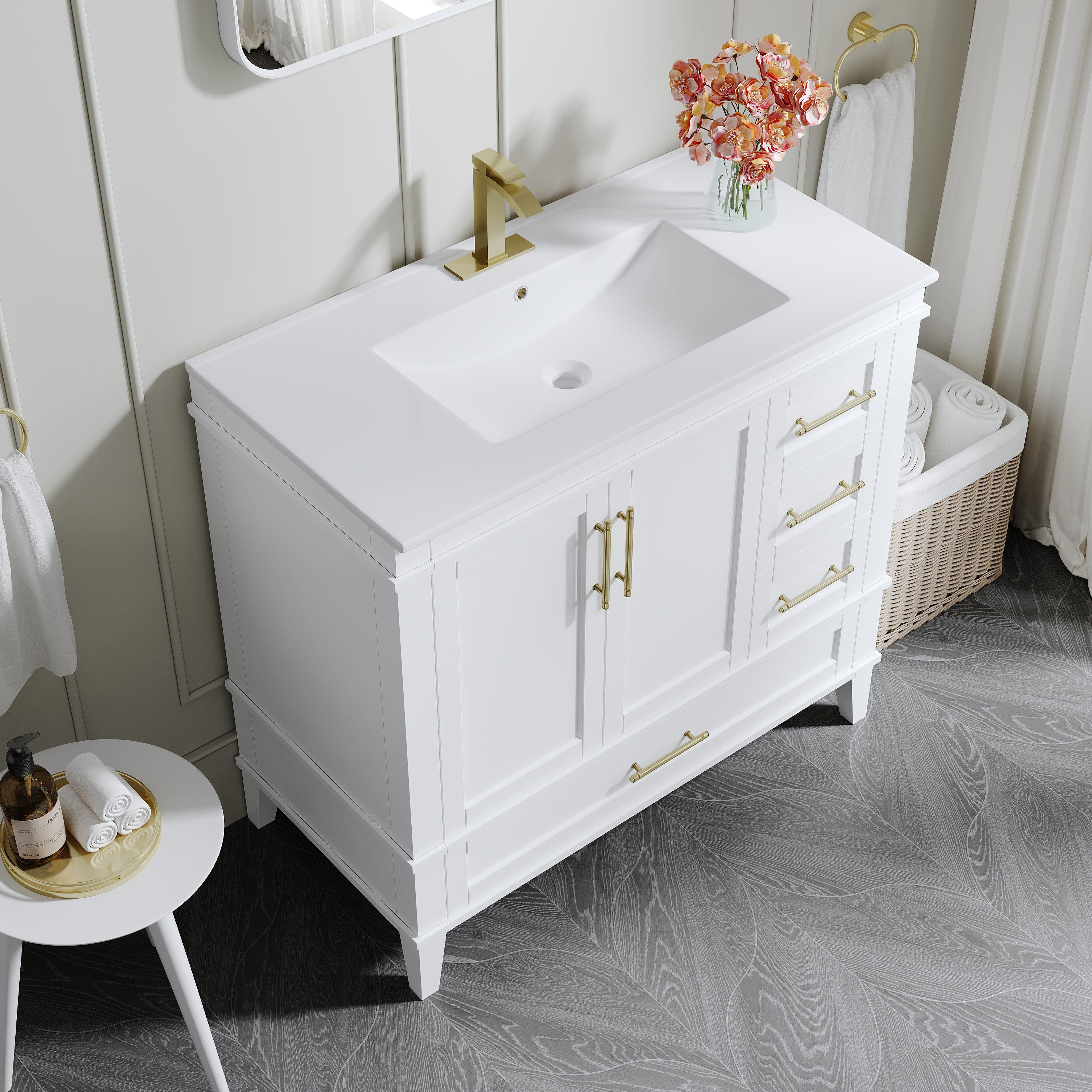 36 Inch Solid Wood Bathroom Vanity with cUPC Ceramic Sink, Brushed Gold Alloy Handles and Soft-Close Hinges