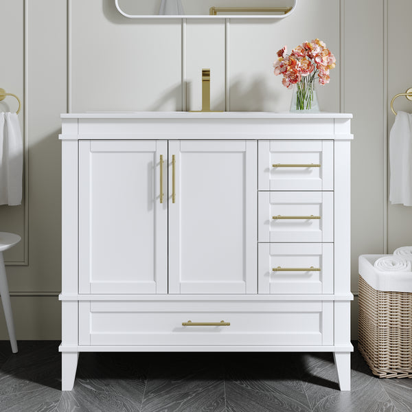 36 Inch Solid Wood Bathroom Vanity with cUPC Ceramic Sink, Brushed Gold Alloy Handles and Soft-Close Hinges