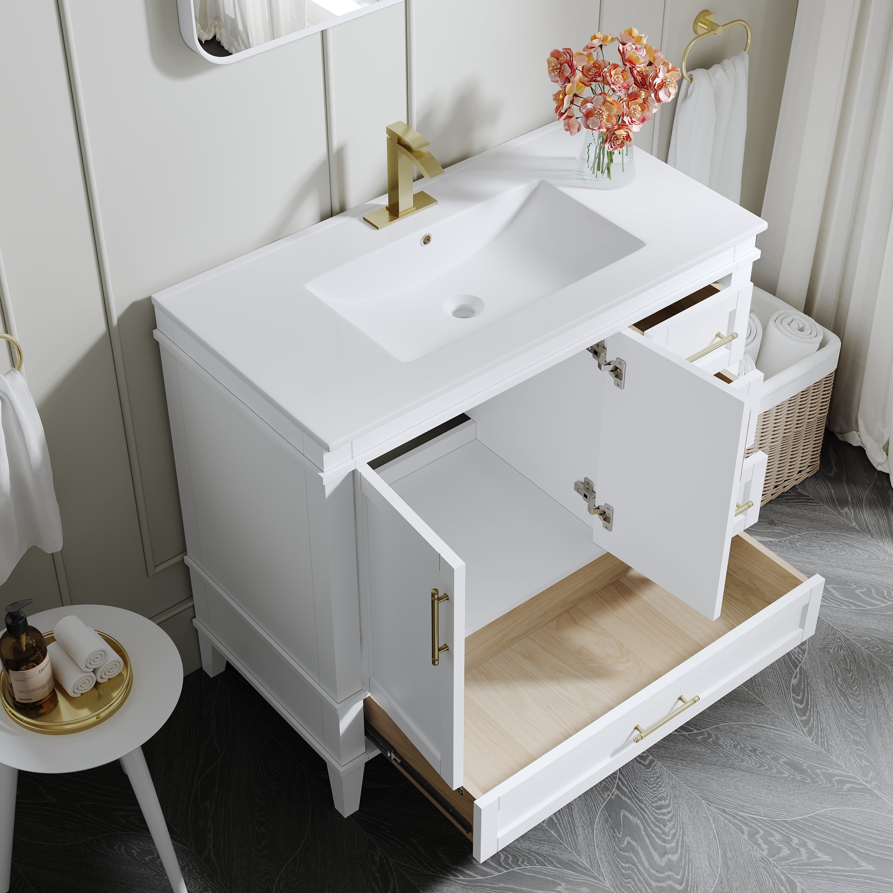 36 Inch Solid Wood Bathroom Vanity with cUPC Ceramic Sink, Brushed Gold Alloy Handles and Soft-Close Hinges