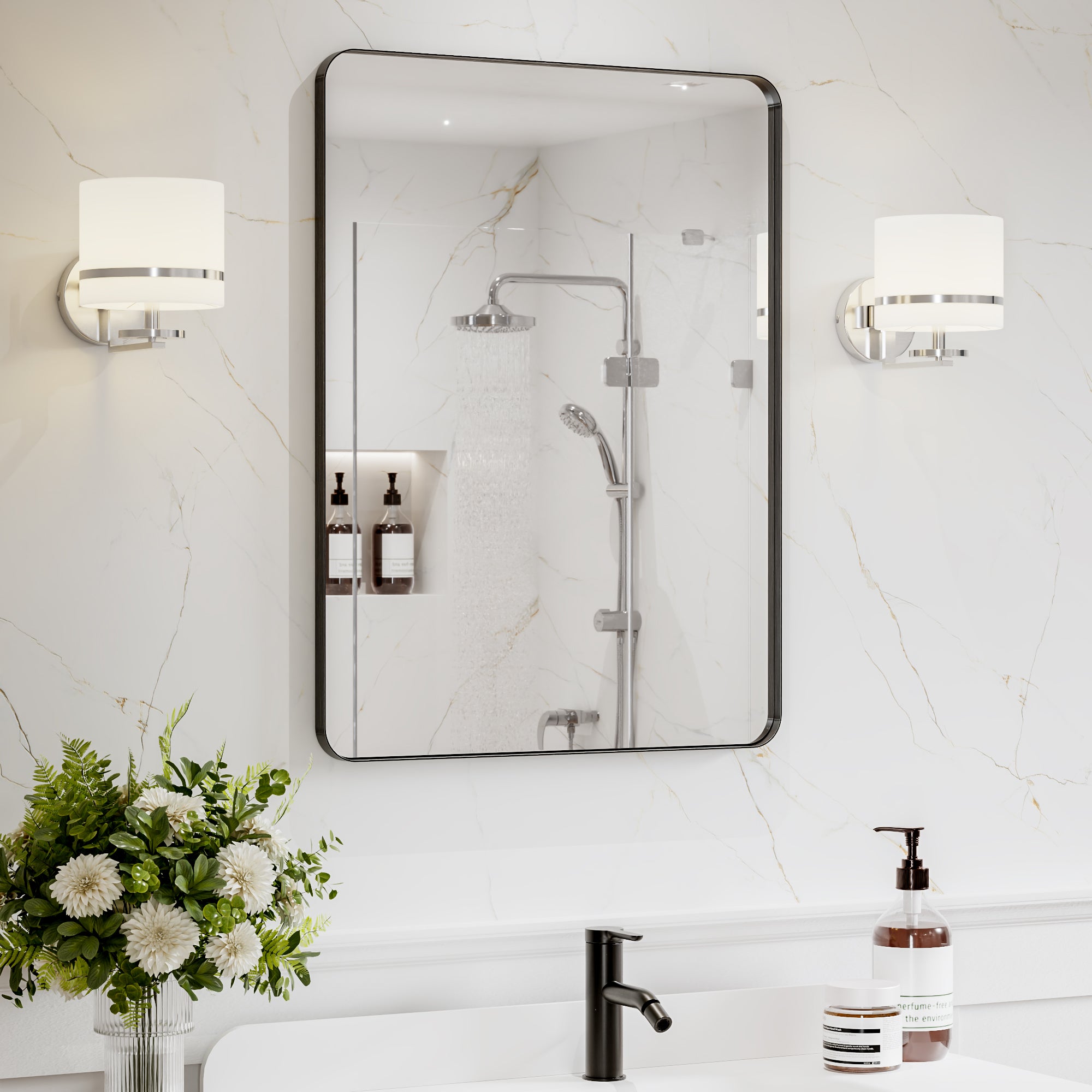 24 in. W x 32 in. H Black Bathroom Wall Mirror, Minimalist Aluminum Framed Vanity Mirror (Vertical/Horizontal)