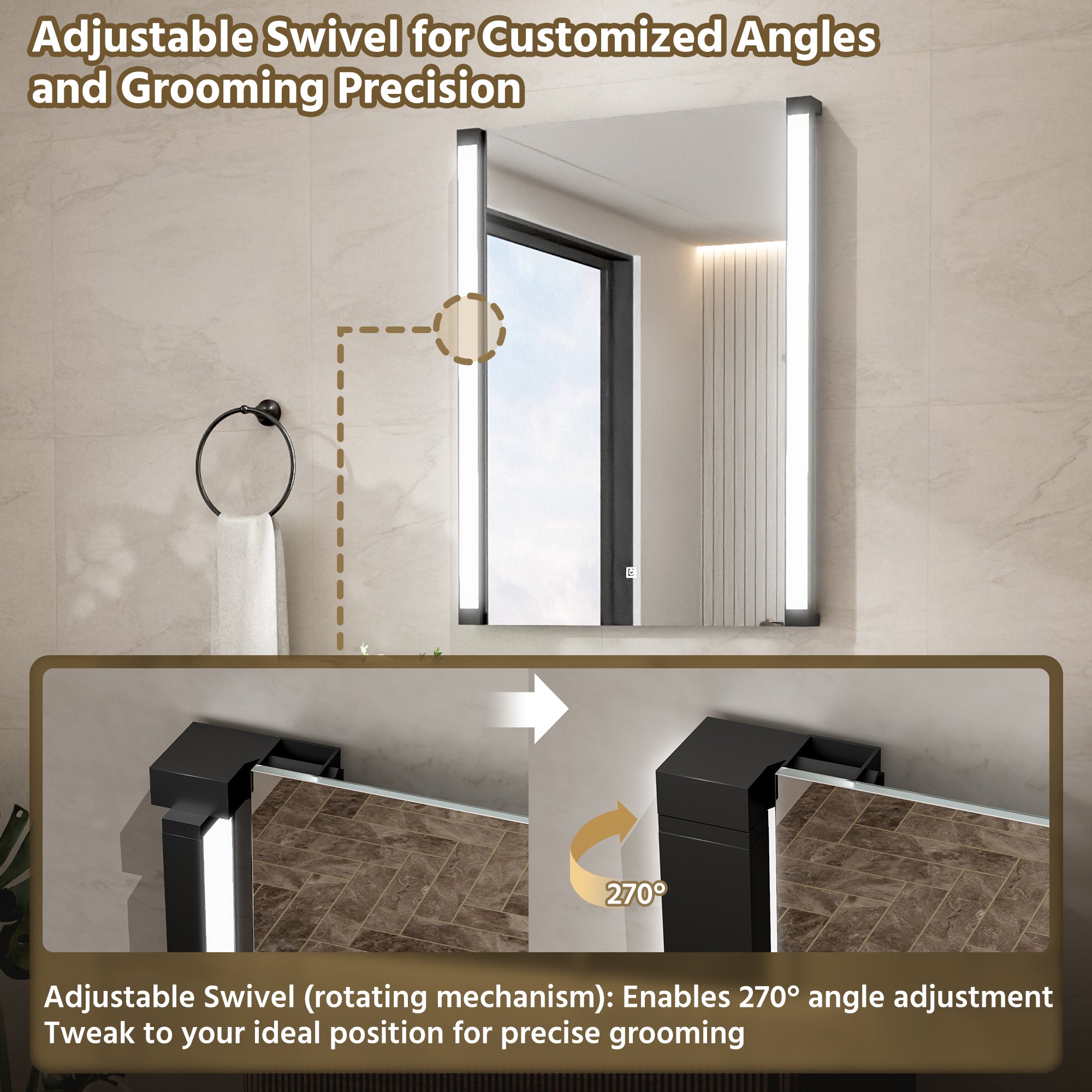24 In. X 32 In. LED Bathroom Mirror With 270 Degrees Swivel Function, Dimmable Lighting & Memory Function