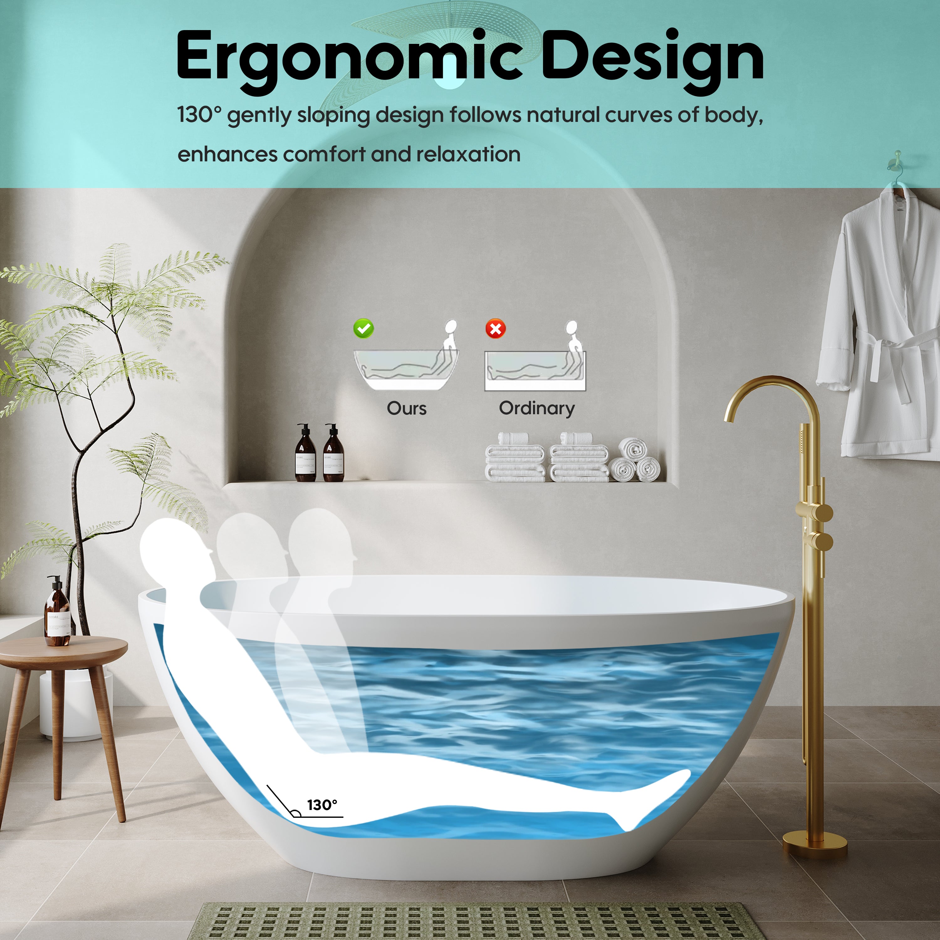 55"/61"/65" Stone Resin Solid Surface Flatbottom Free-Standing Bathtub
