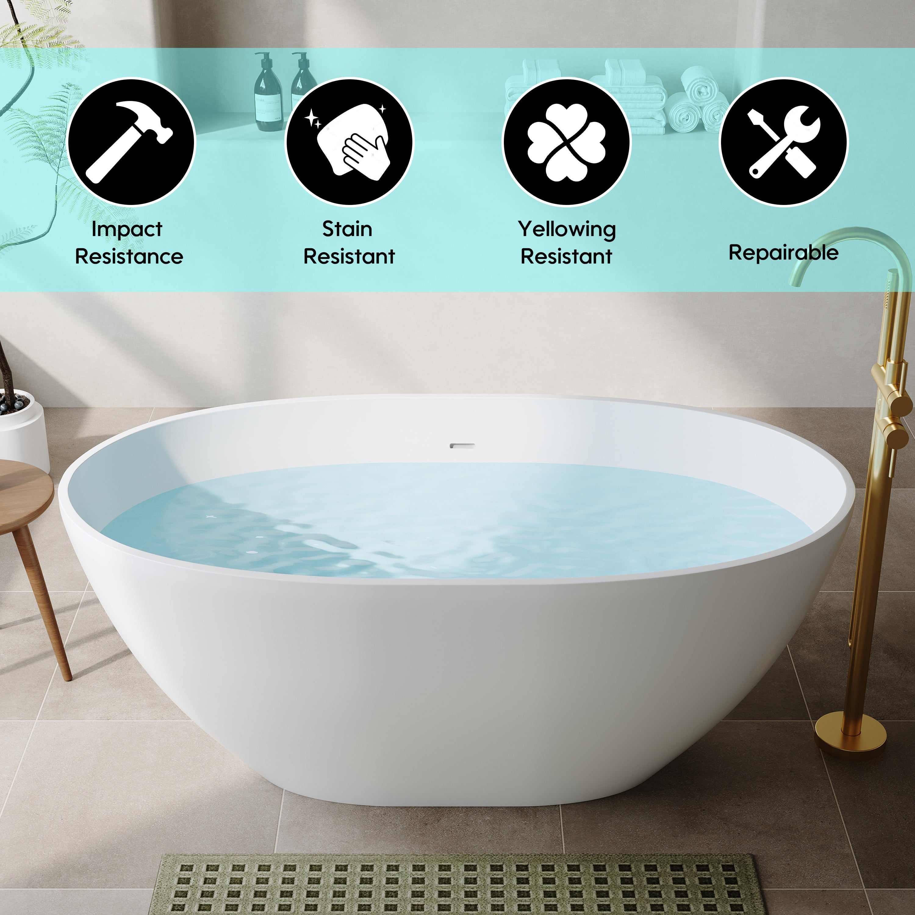 55"/61"/65" Stone Resin Solid Surface Flatbottom Free-Standing Bathtub
