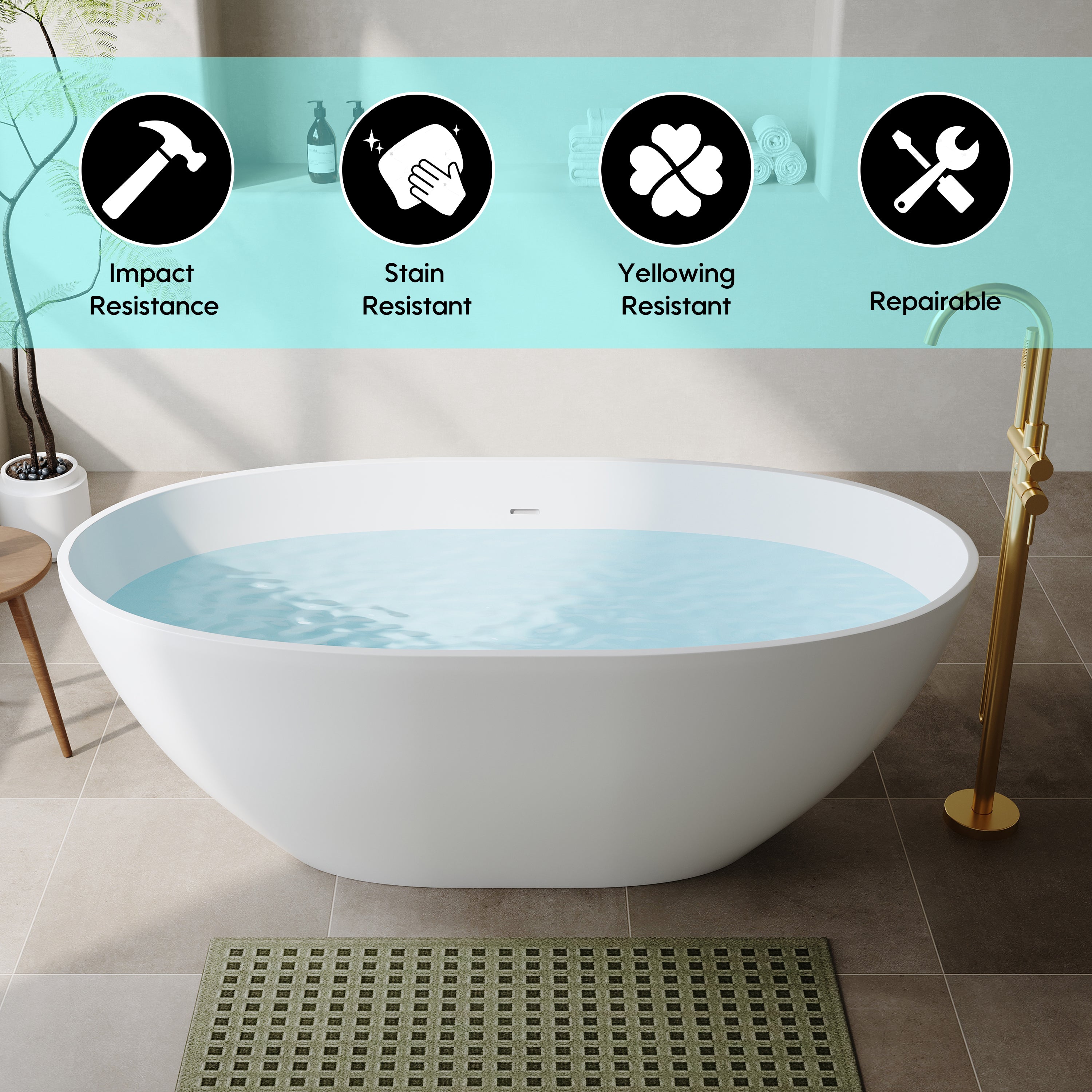 55"/61"/65" Stone Resin Solid Surface Flatbottom Free-Standing Bathtub