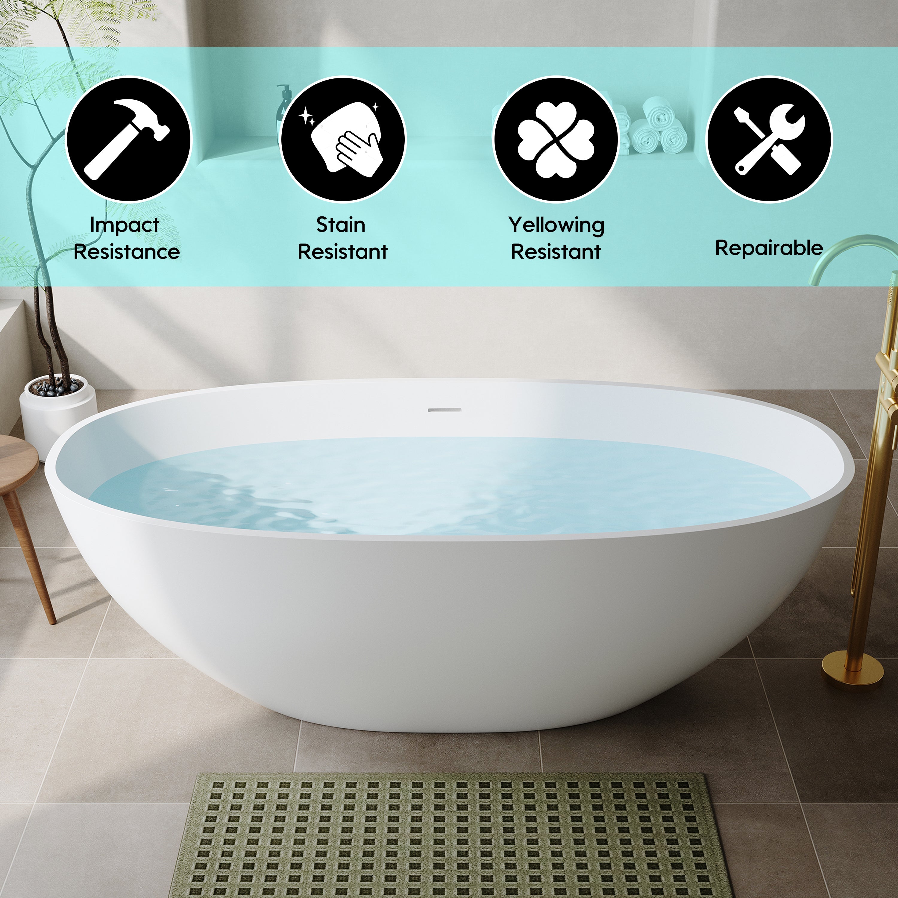 55"/61"/65" Stone Resin Solid Surface Flatbottom Free-Standing Bathtub