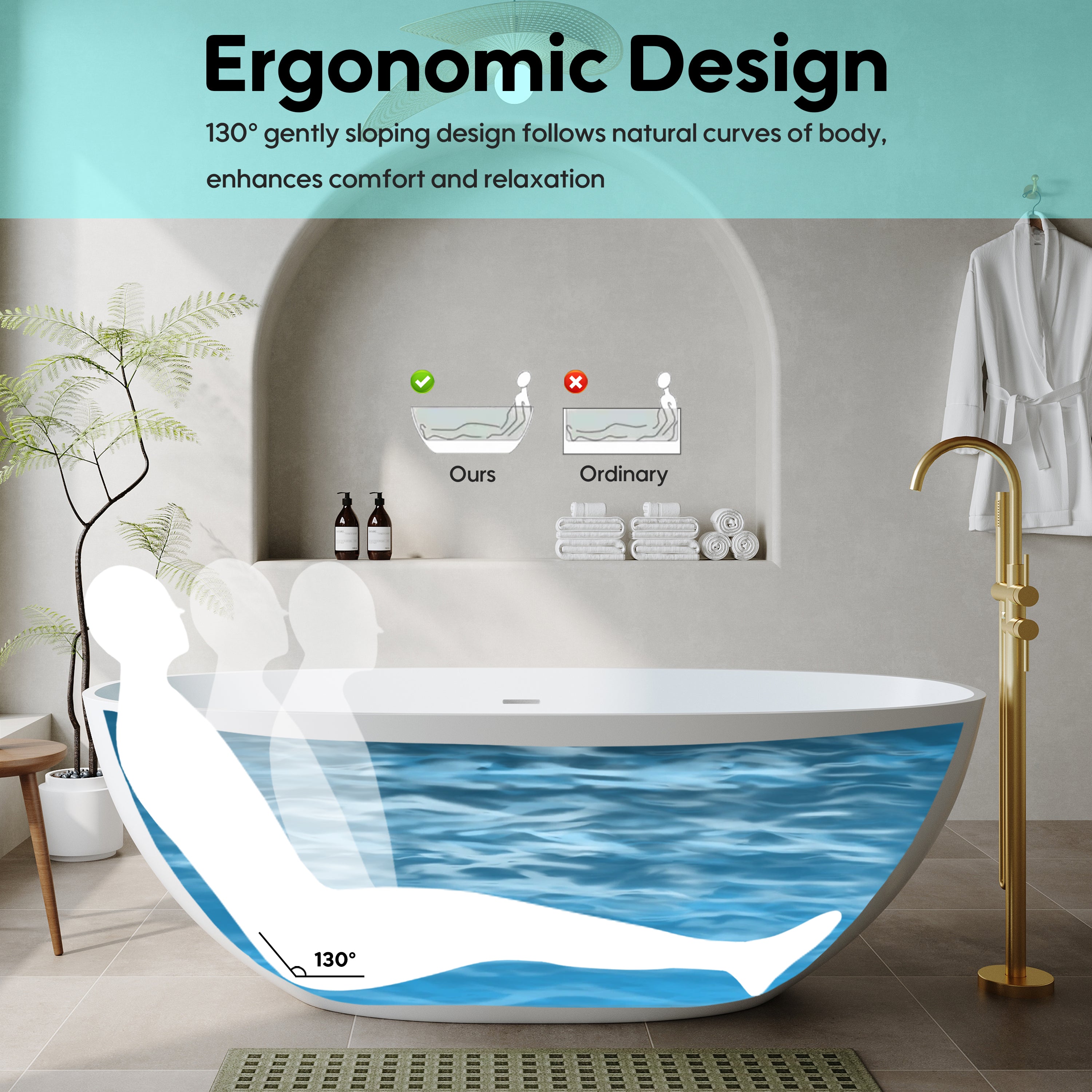 55"/61"/65" Stone Resin Solid Surface Flatbottom Free-Standing Bathtub
