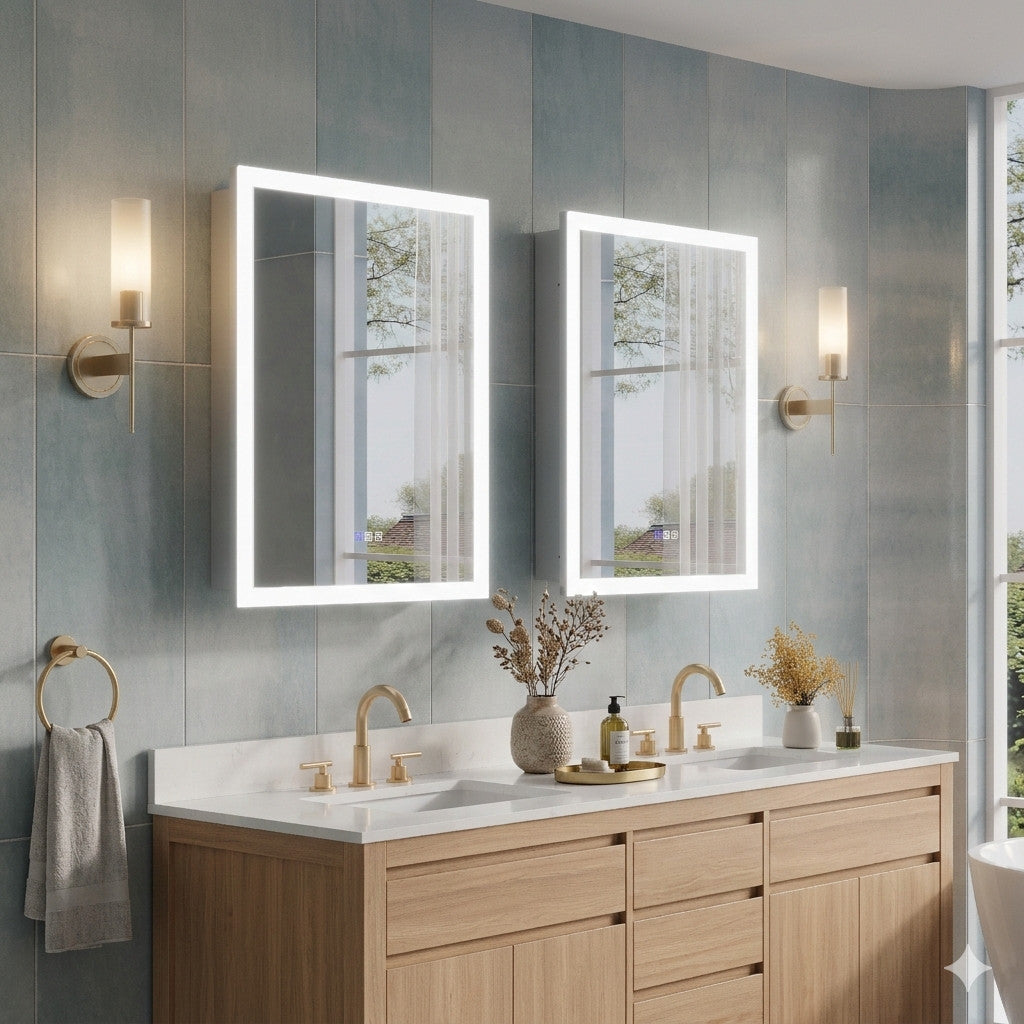 2-Pack 24 x 32 Inch LED Lighted Medicine Cabinet with Mirror, Anti-fog, 3X Magnifier, Surface or Recess Mount, Left/Right Hinge