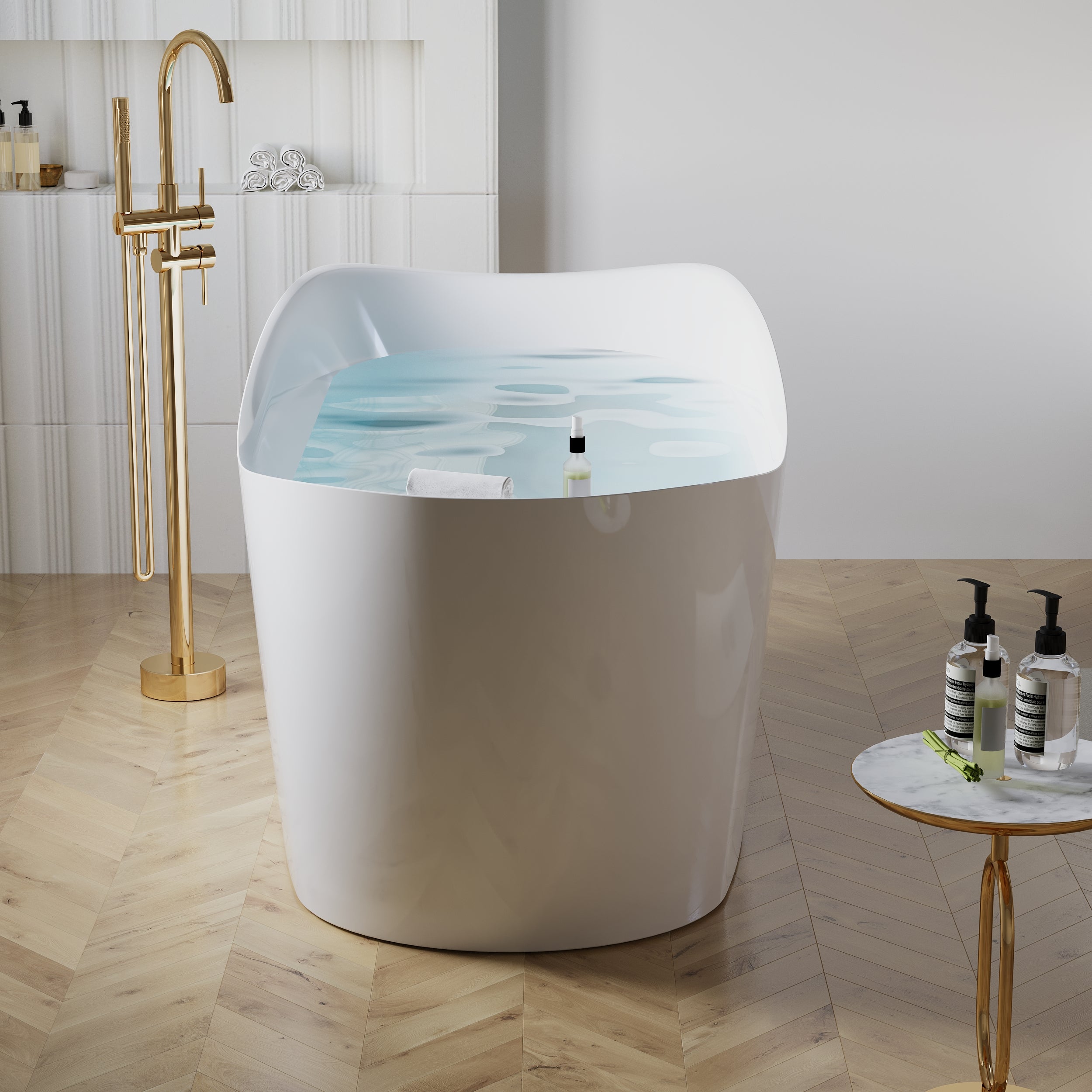 69" Freestanding Glossy White Acrylic Bathtub with Slotted Overflow and Drainer