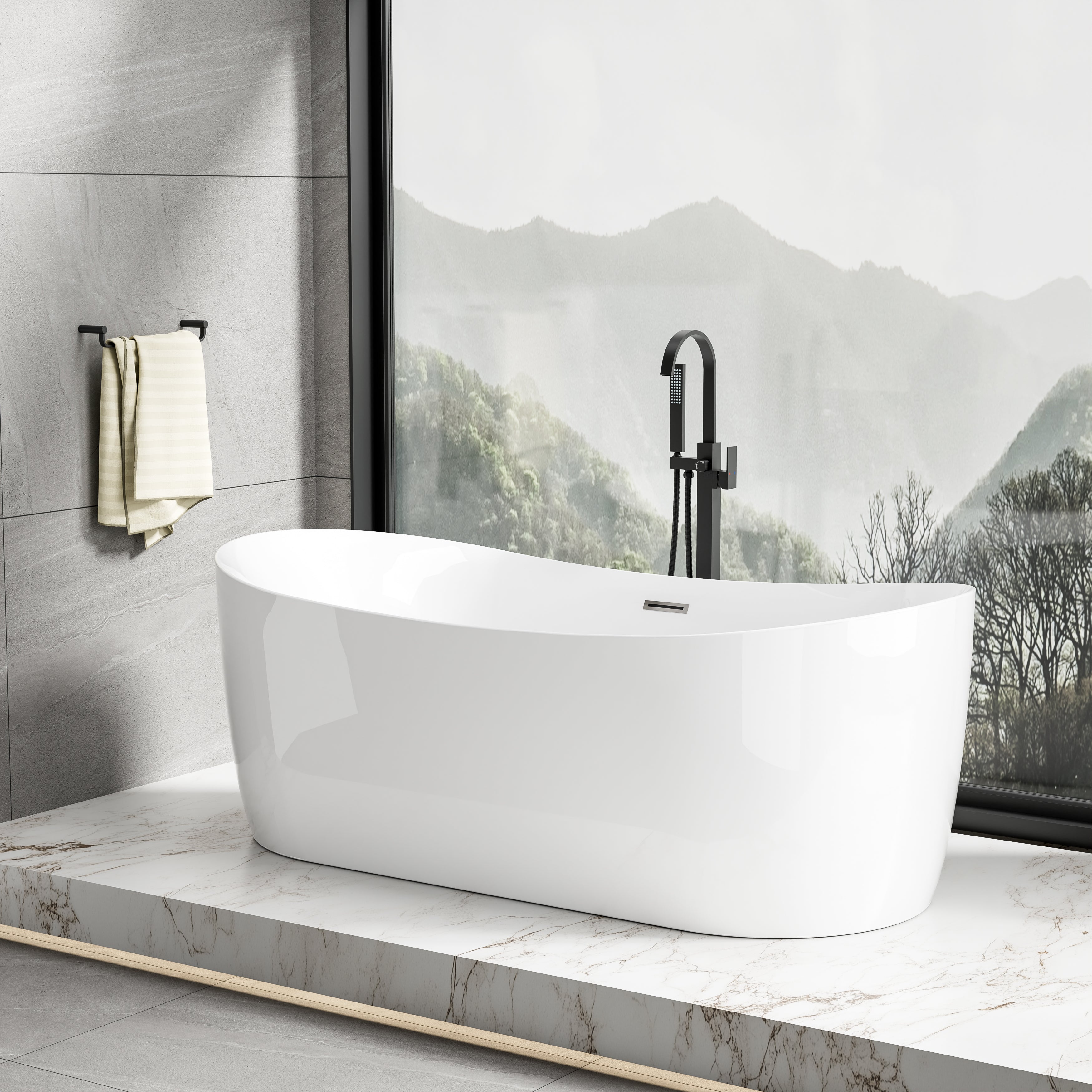 72 in. x 34 in. Acrylic Freestanding Whirlpool & Air Bubble Heated Bathtub with LED Control Panel, Water Jets, Drain & Overflow, Glossy White