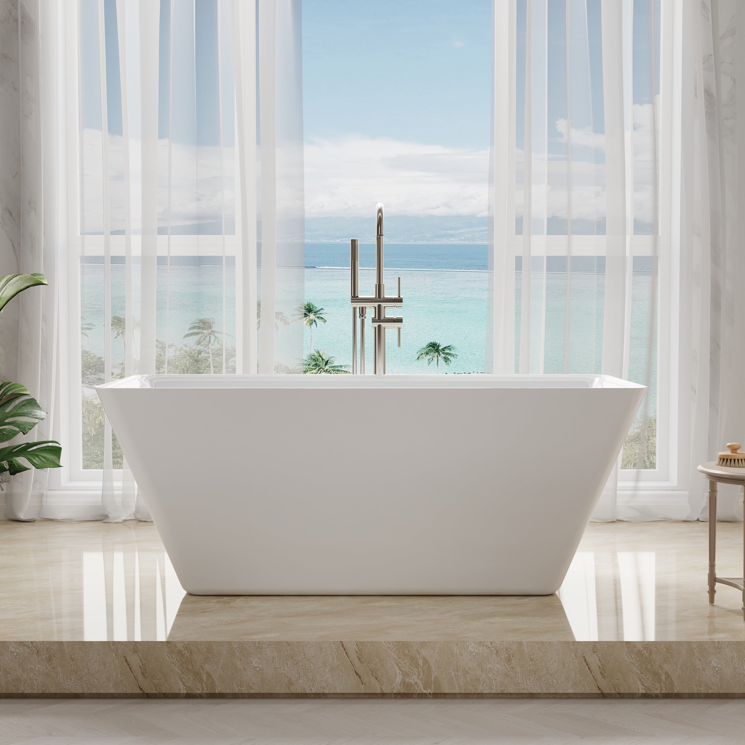 60" Freestanding Rectangle Acrylic Bathtub in Glossy White with Groove Overflow and Pop-up Drainer