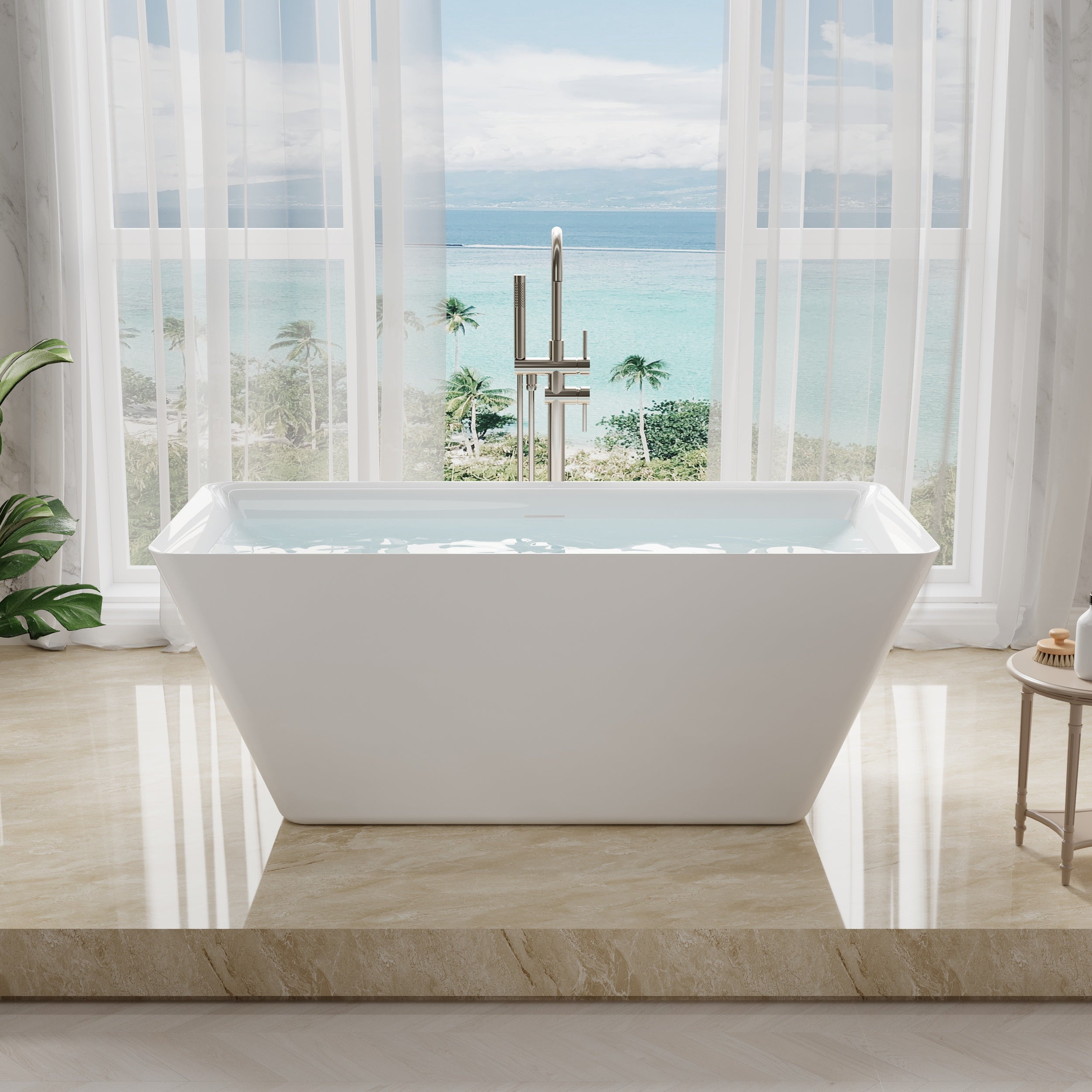 60" Freestanding Rectangle Acrylic Bathtub in Glossy White with Groove Overflow and Pop-up Drainer