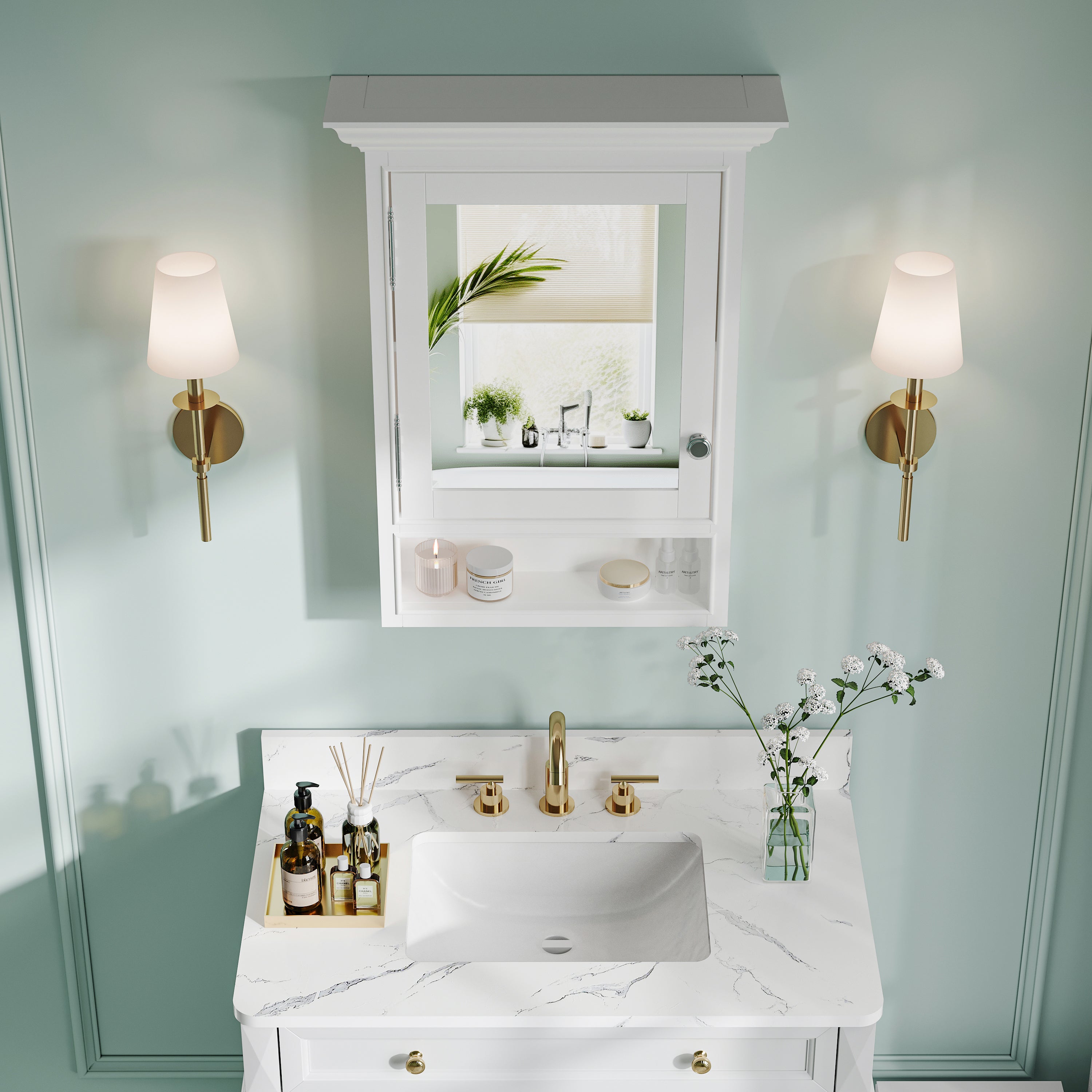 24-In W x 32-In H Surface-Mount Wood Medicine Cabinet with Mirror for Bathroom