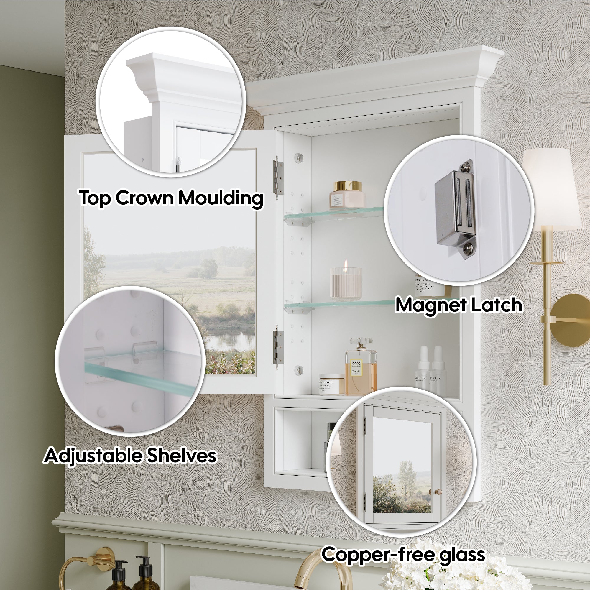 24 in. W x 32 in. H Recess Mount Bathroom Wood Medicine Cabinet with Mirror in White