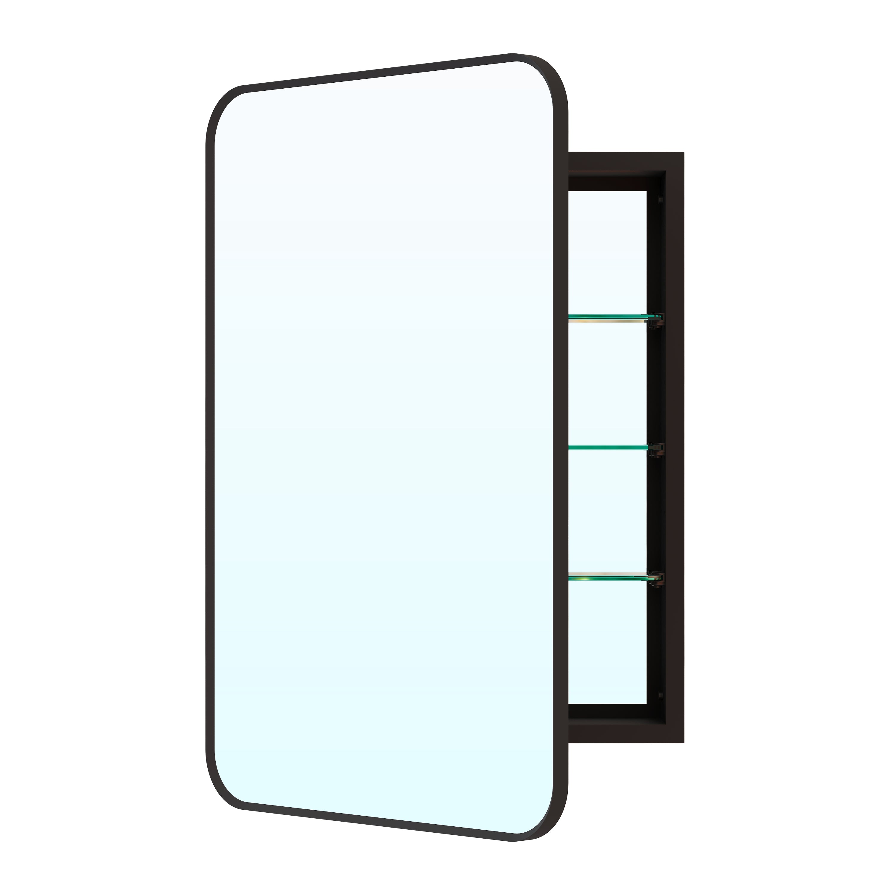 20 in. × 30 in. Black Aluminum Framed Medicine Cabinet with Tempered Adjustable Glass Shelves, Recessed or Wall Mount