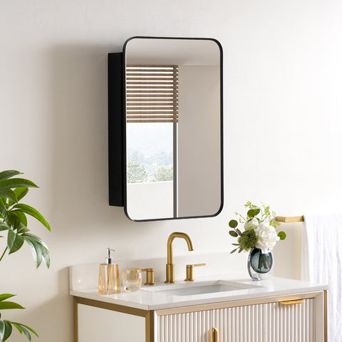 20 in. × 30 in. Black Aluminum Medicine Cabinet Recessed or Wall-Mount Reversible Door with Tempered Adjustable Glass Shelves