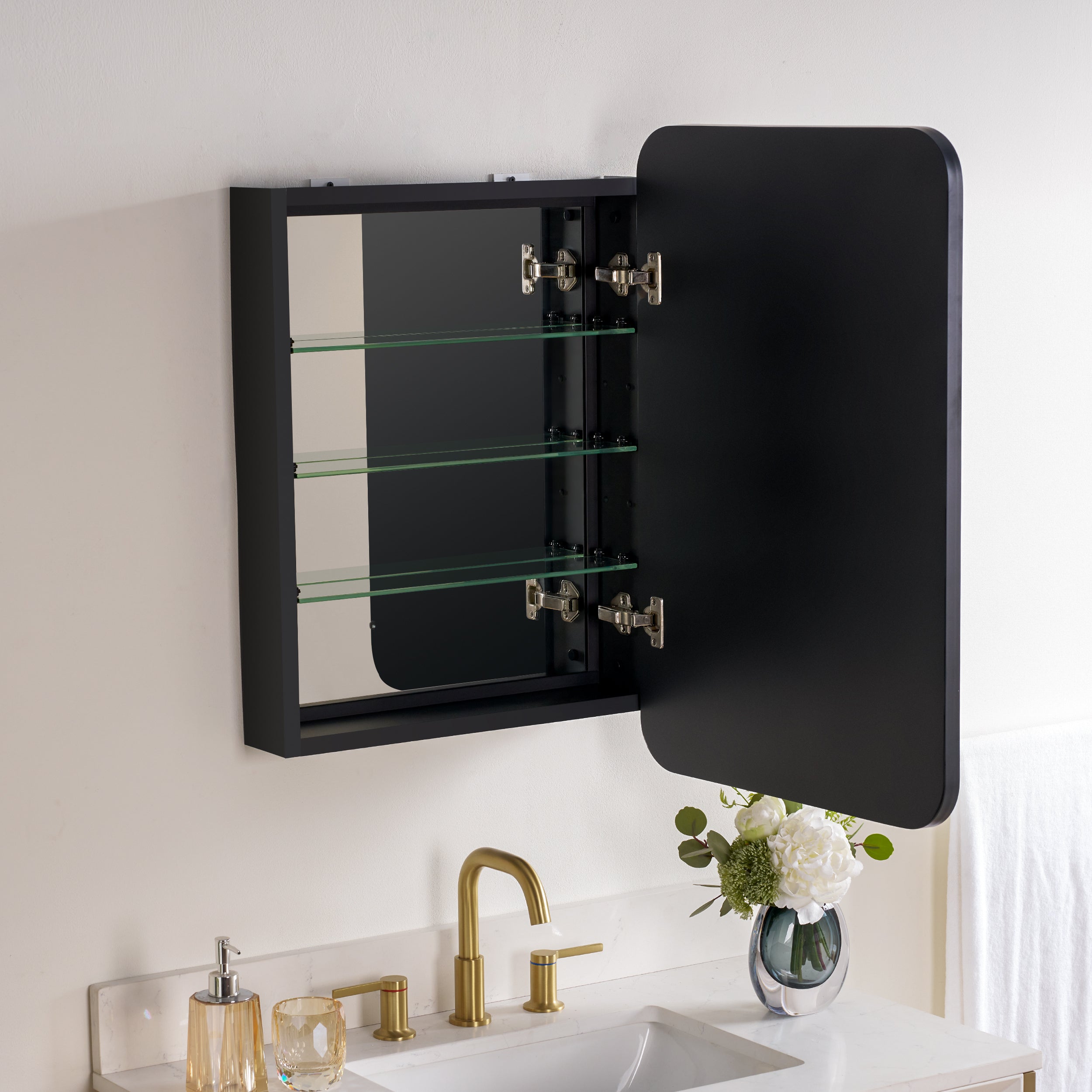 20 in. × 30 in. Black Aluminum Medicine Cabinet Recessed or Wall-Mount Reversible Door with Tempered Adjustable Glass Shelves