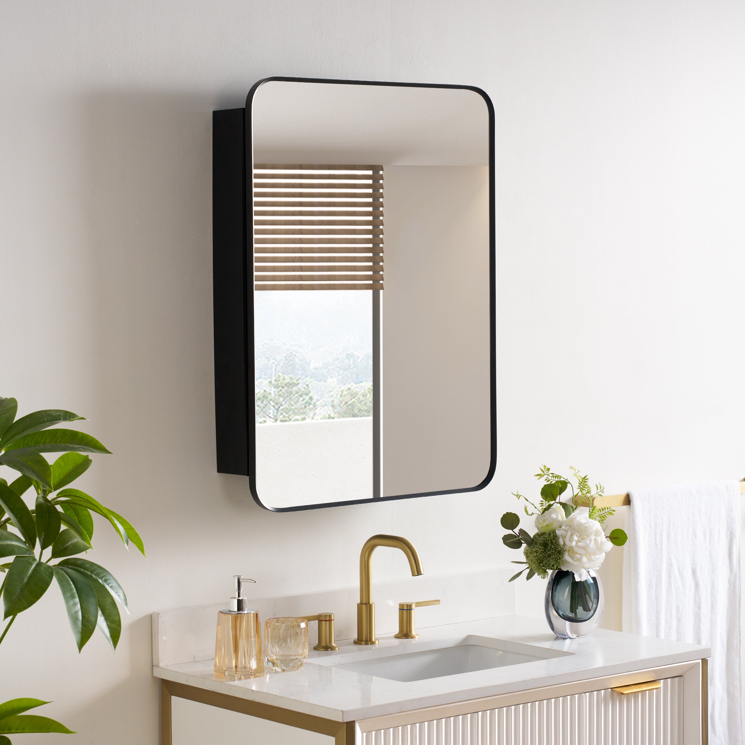 24 in. × 32 in. Black Aluminum Framed Medicine Cabinet Tempered Glass Shelves Explosion Proof Recessed or Wall Mount