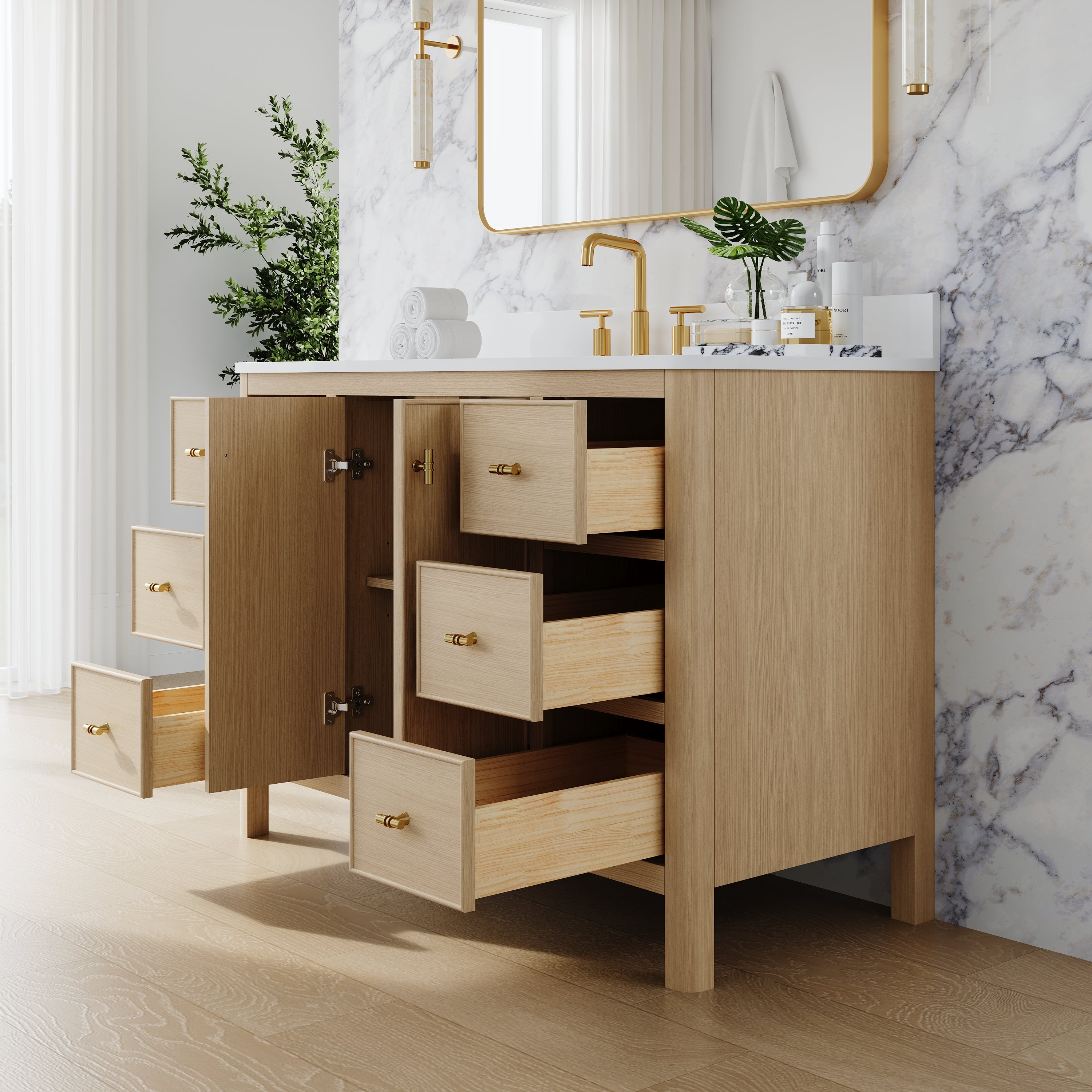 48 Inch Solid Wood Oak Bathroom Vanity with White Quartz Countertop & Sink – 6 Dovetail Soft-Close Drawers