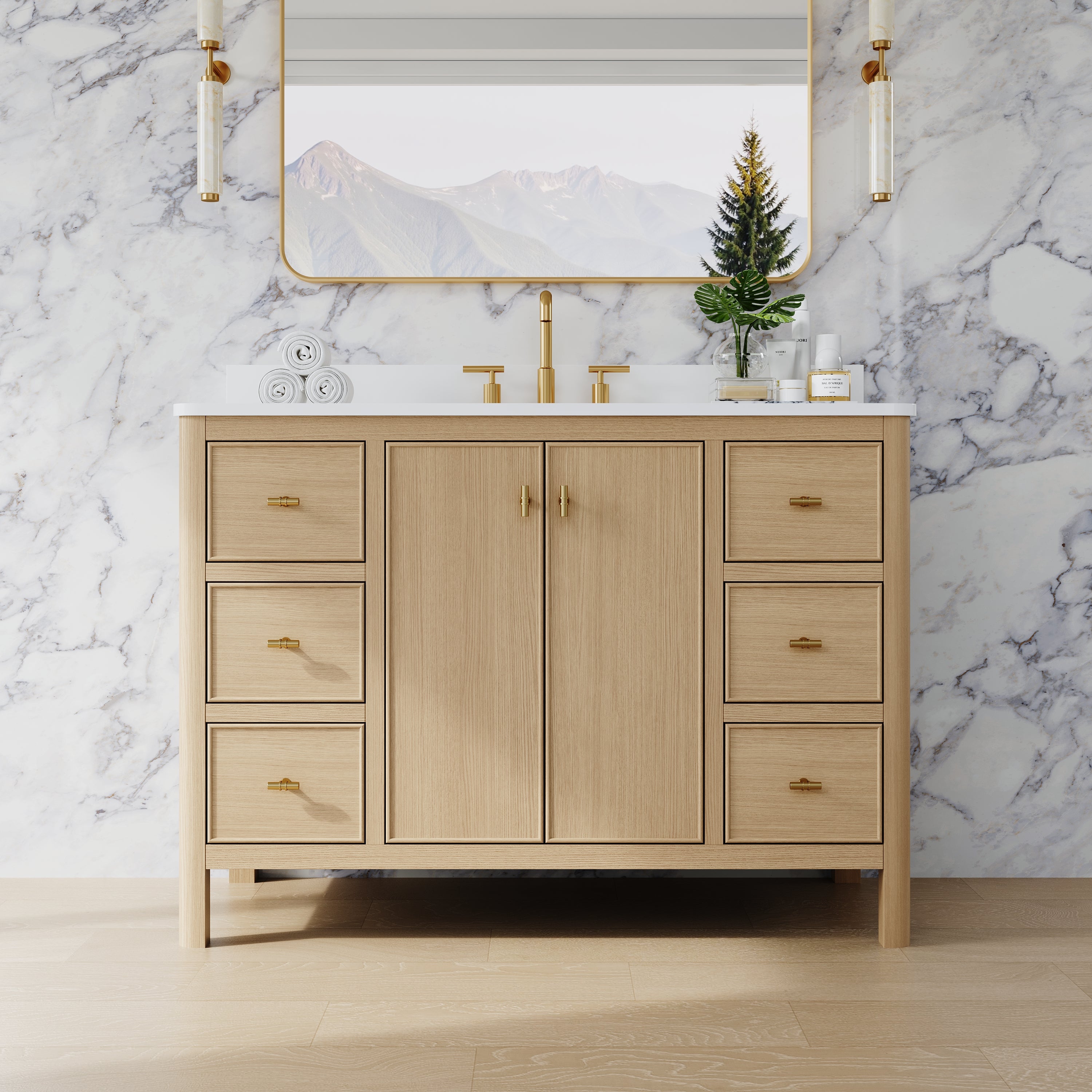 48 Inch Solid Wood Oak Bathroom Vanity with White Quartz Countertop & Sink – 6 Dovetail Soft-Close Drawers