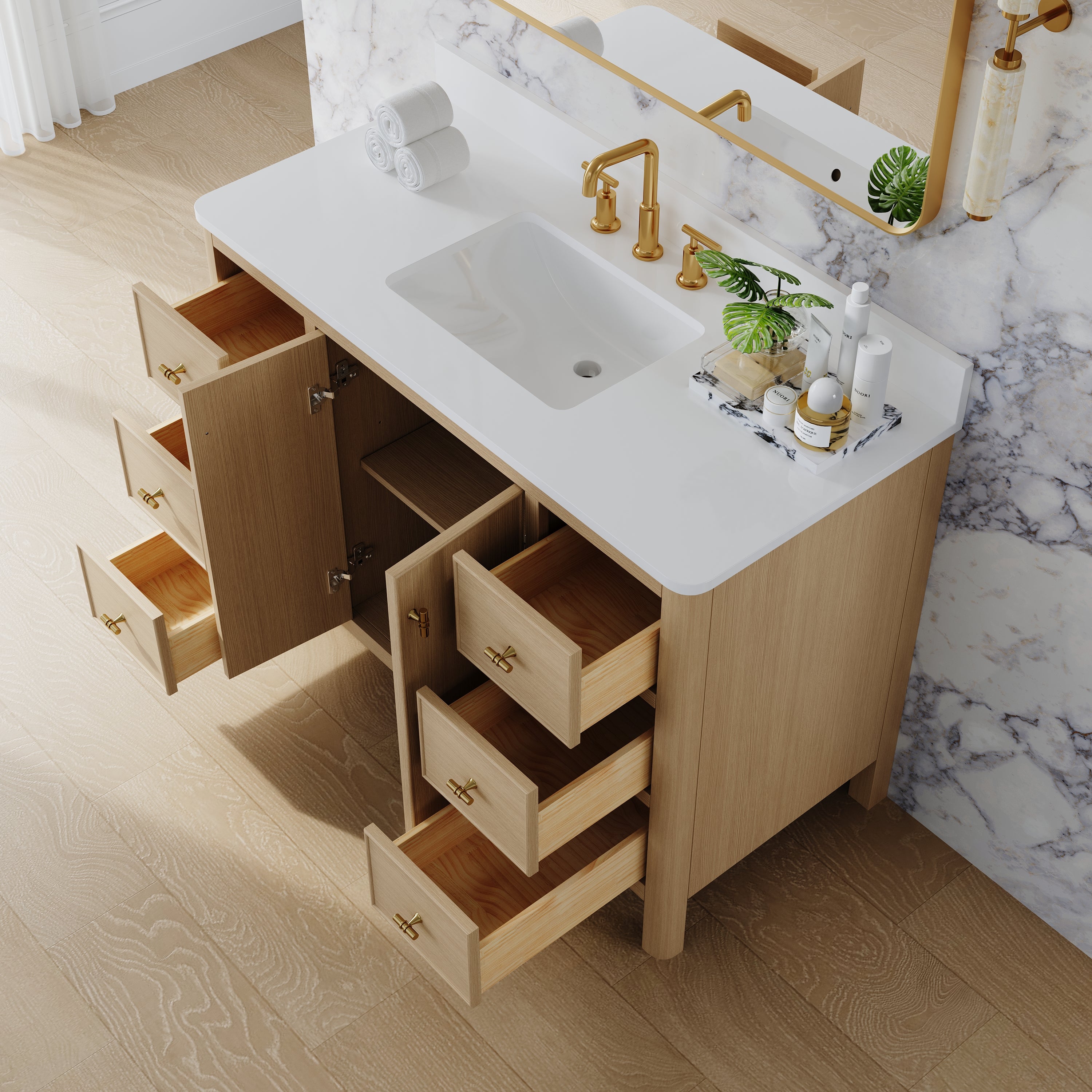 48 Inch Solid Wood Oak Bathroom Vanity with White Quartz Countertop & Sink – 6 Dovetail Soft-Close Drawers