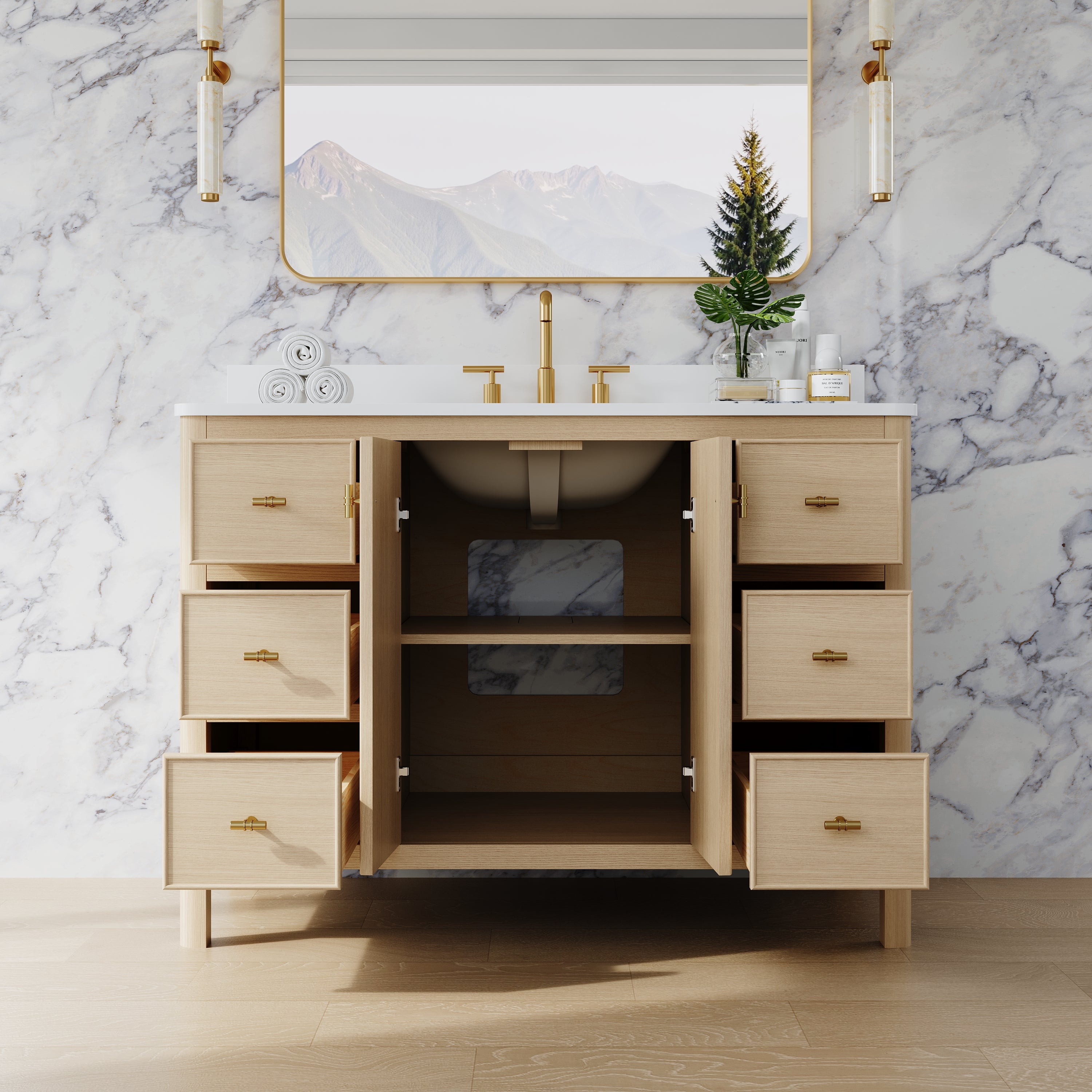 48 Inch Solid Wood Oak Bathroom Vanity with White Quartz Countertop & Sink – 6 Dovetail Soft-Close Drawers