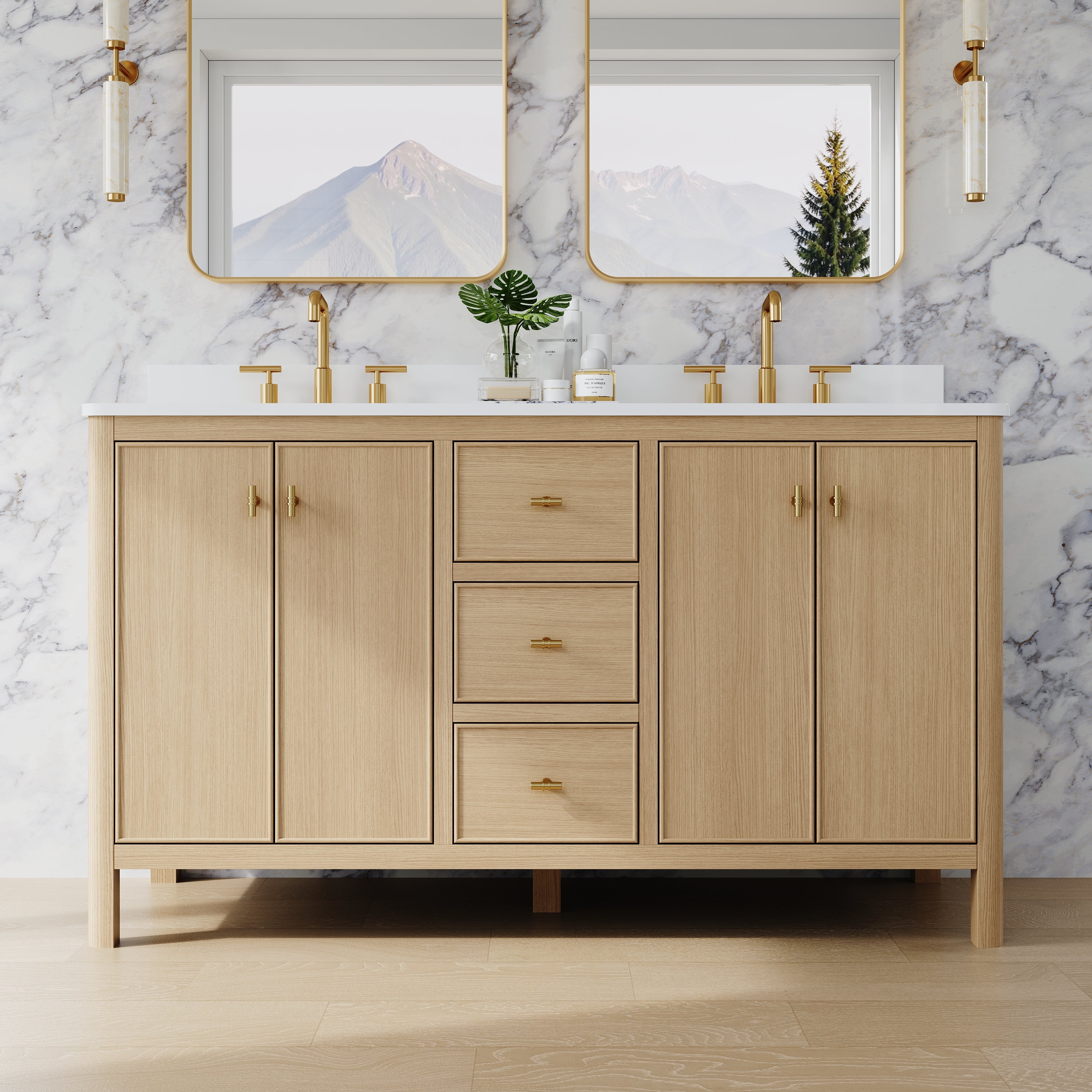 60 Inch Solid Wood Oak Bathroom Vanity with White Quartz Countertop & Sink – 3 Dovetail Soft-Close Drawers