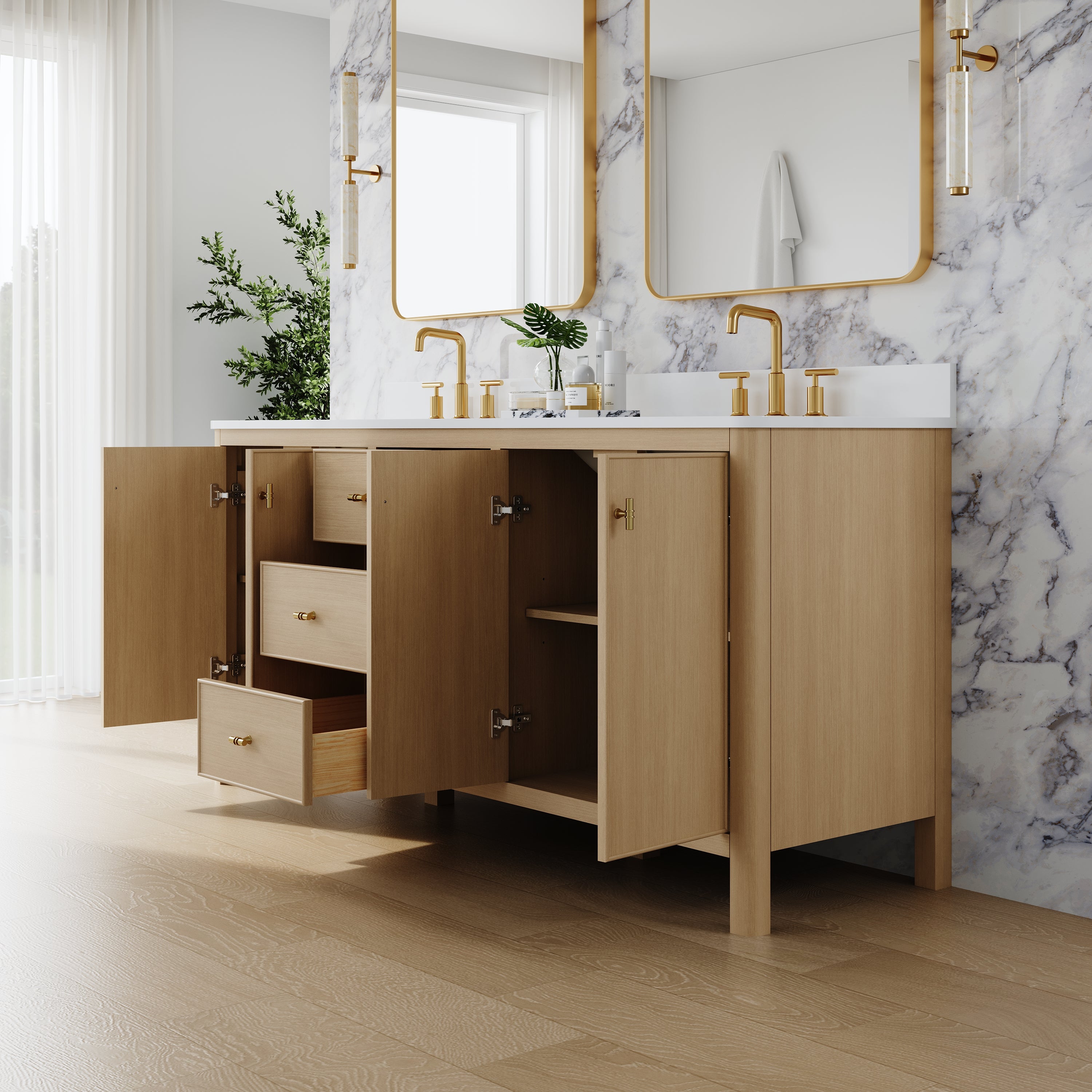 72 Inch Solid Wood Oak Bathroom Vanity with White Quartz Countertop & Sink – 3 Dovetail Soft-Close Drawers