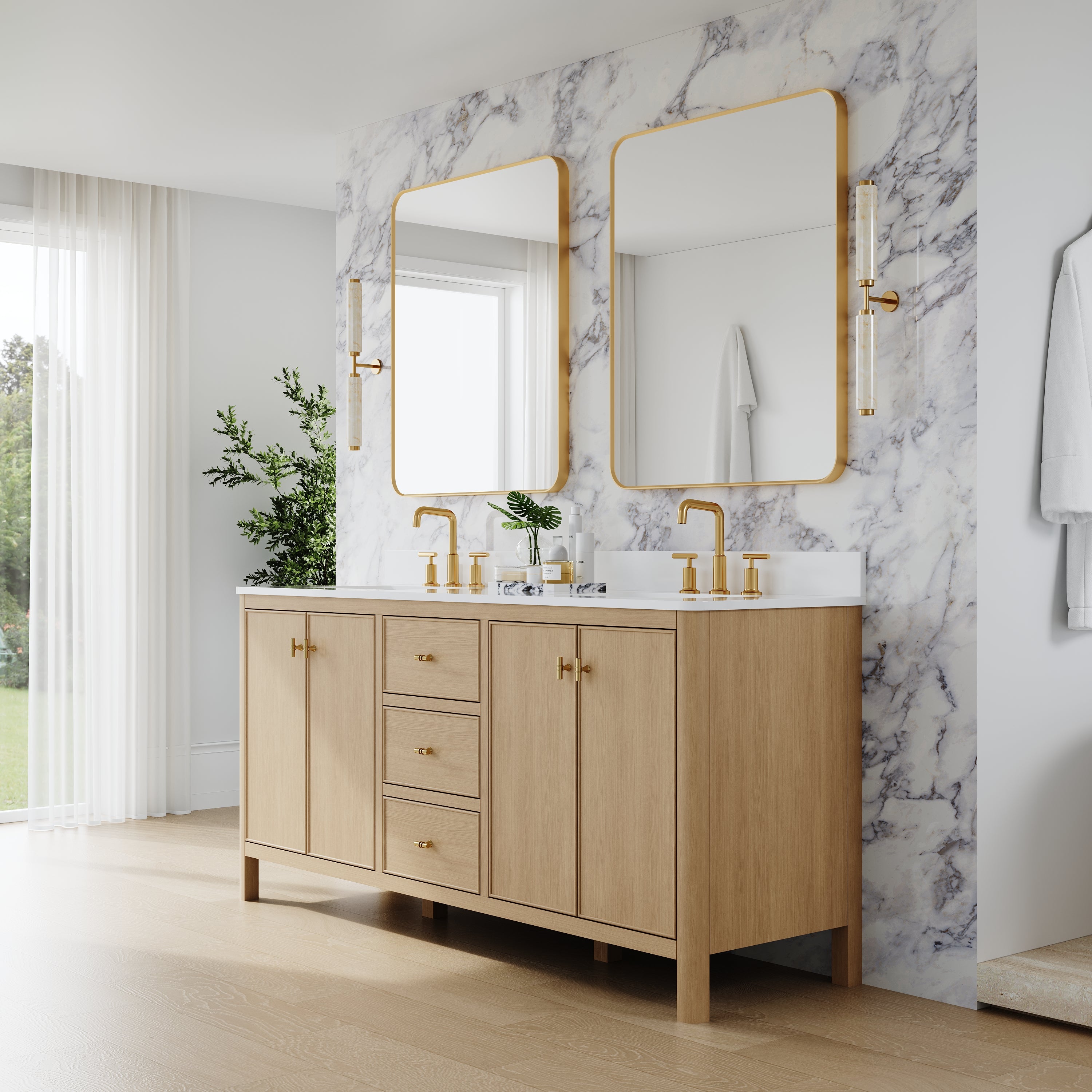 72 Inch Solid Wood Oak Bathroom Vanity with White Quartz Countertop & Sink – 3 Dovetail Soft-Close Drawers