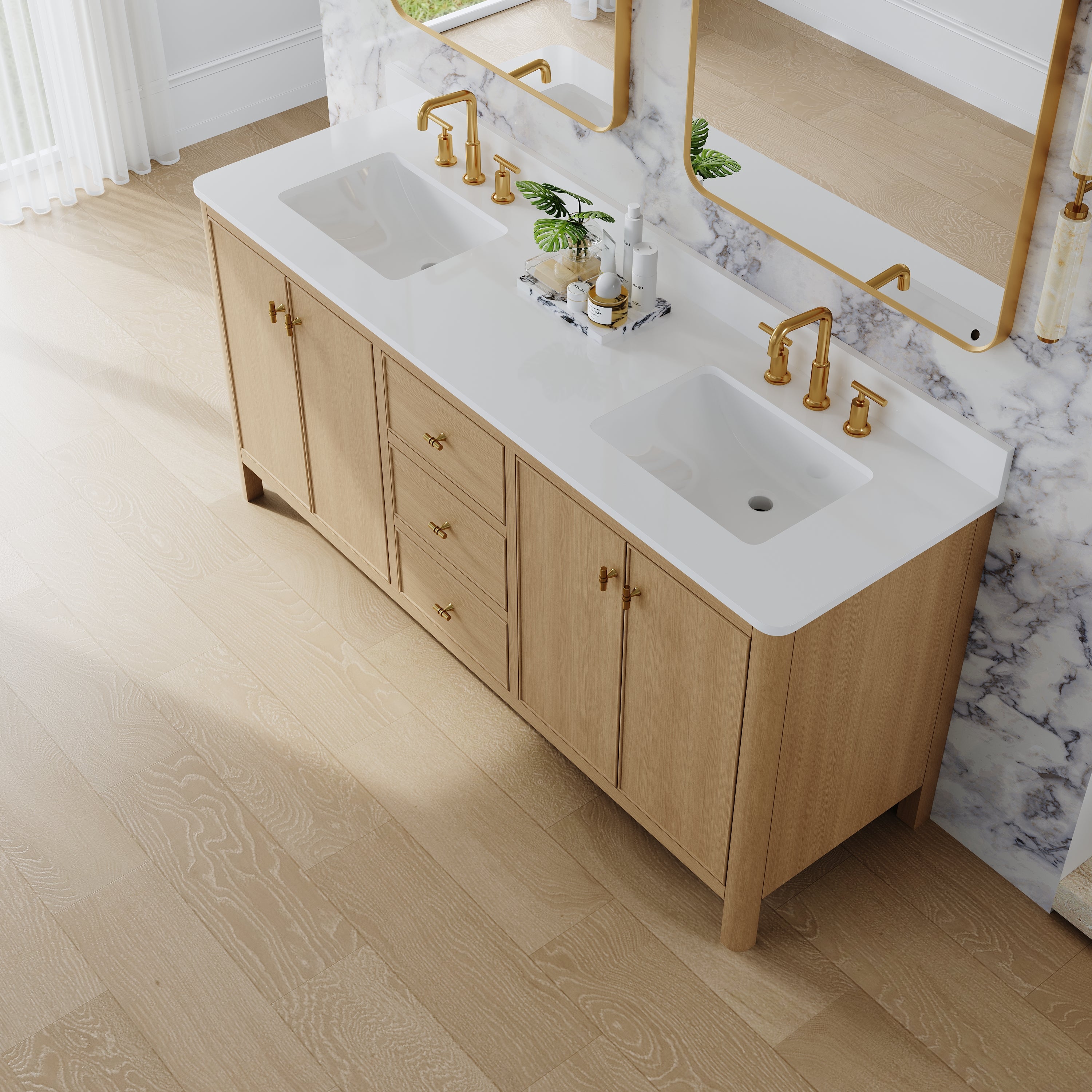 72 Inch Solid Wood Oak Bathroom Vanity with White Quartz Countertop & Sink – 3 Dovetail Soft-Close Drawers