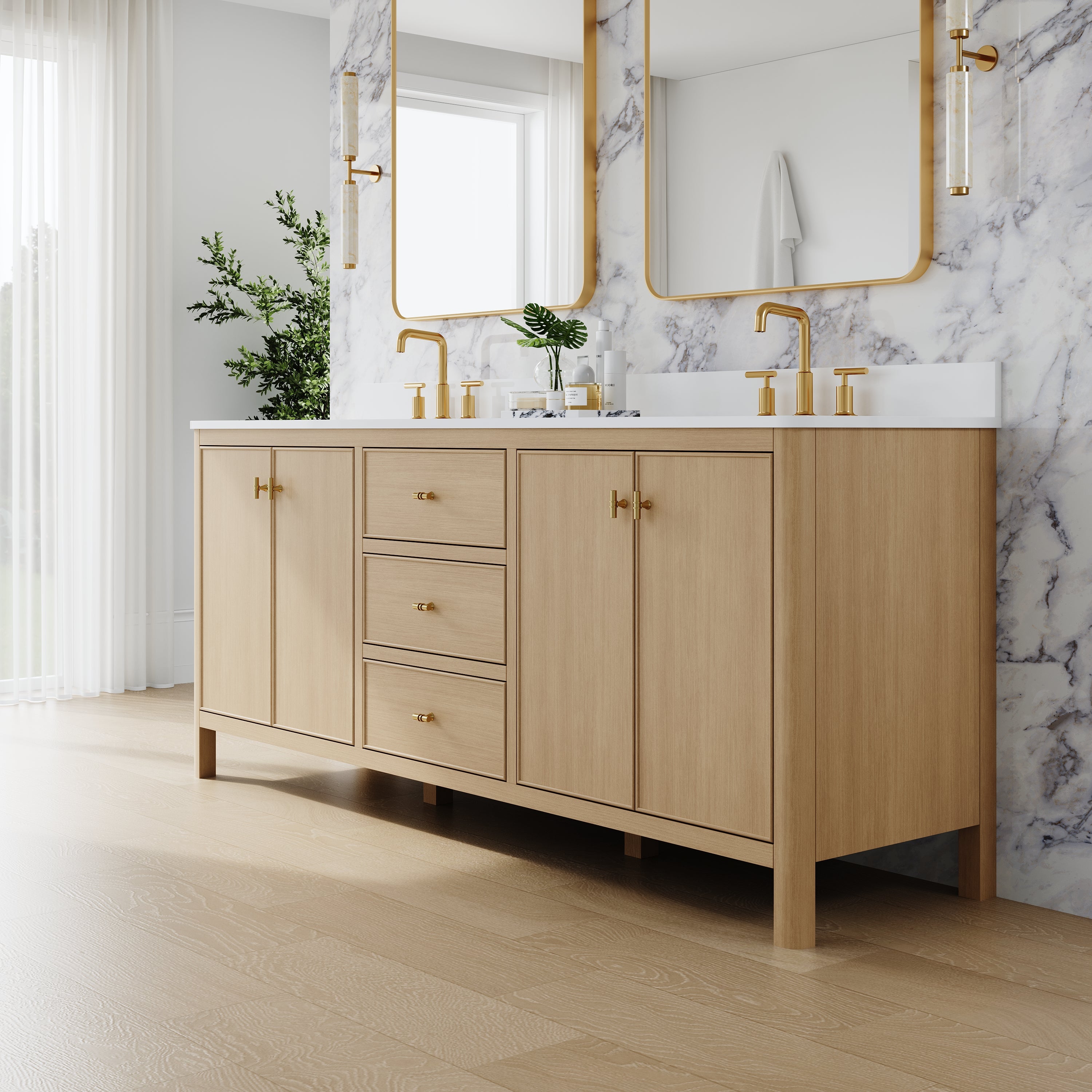 80 Inch Solid Wood Oak Bathroom Vanity with White Quartz Countertop & Sink – 3 Dovetail Soft-Close Drawers