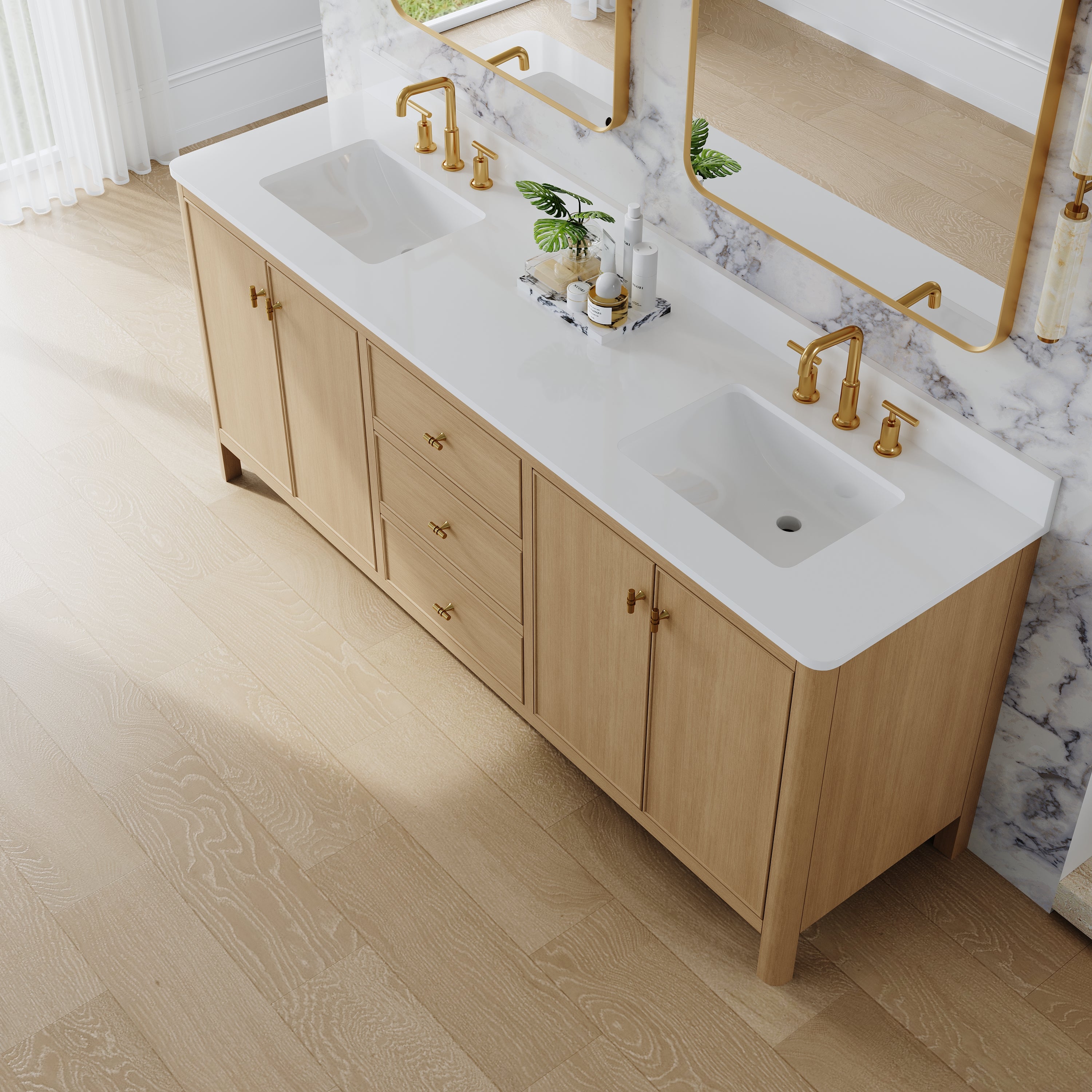 80 Inch Solid Wood Oak Bathroom Vanity with White Quartz Countertop & Sink – 3 Dovetail Soft-Close Drawers