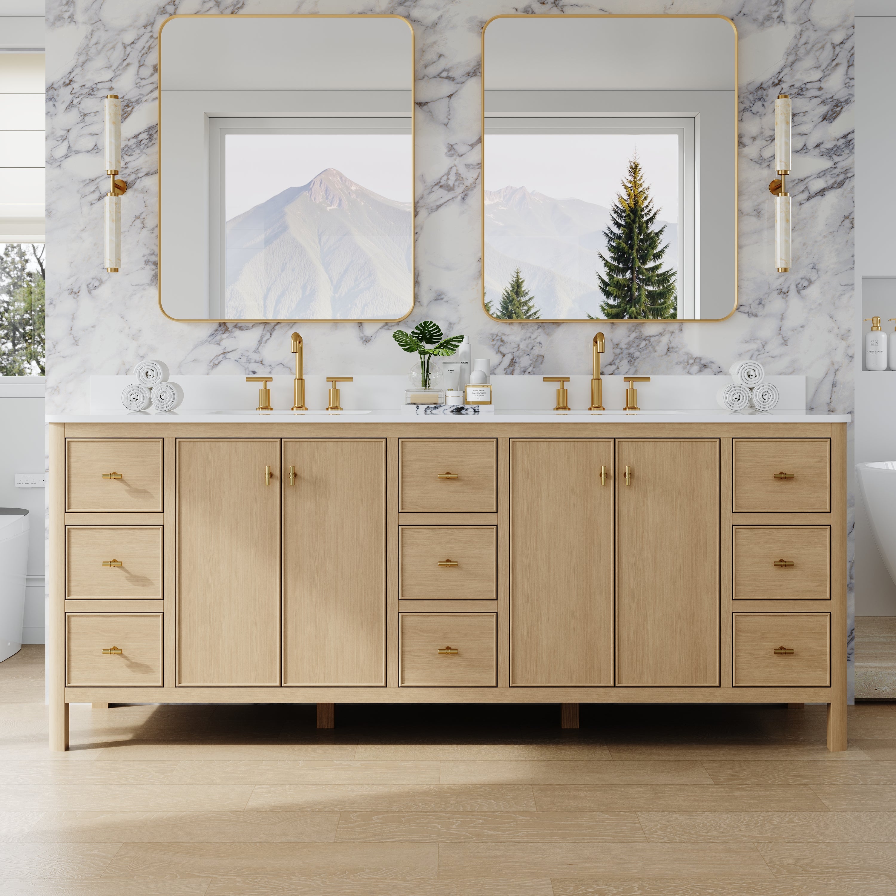 84 Inch Solid Wood Oak Bathroom Vanity with White Quartz Countertop & Sink – 9 Dovetail Soft-Close Drawers